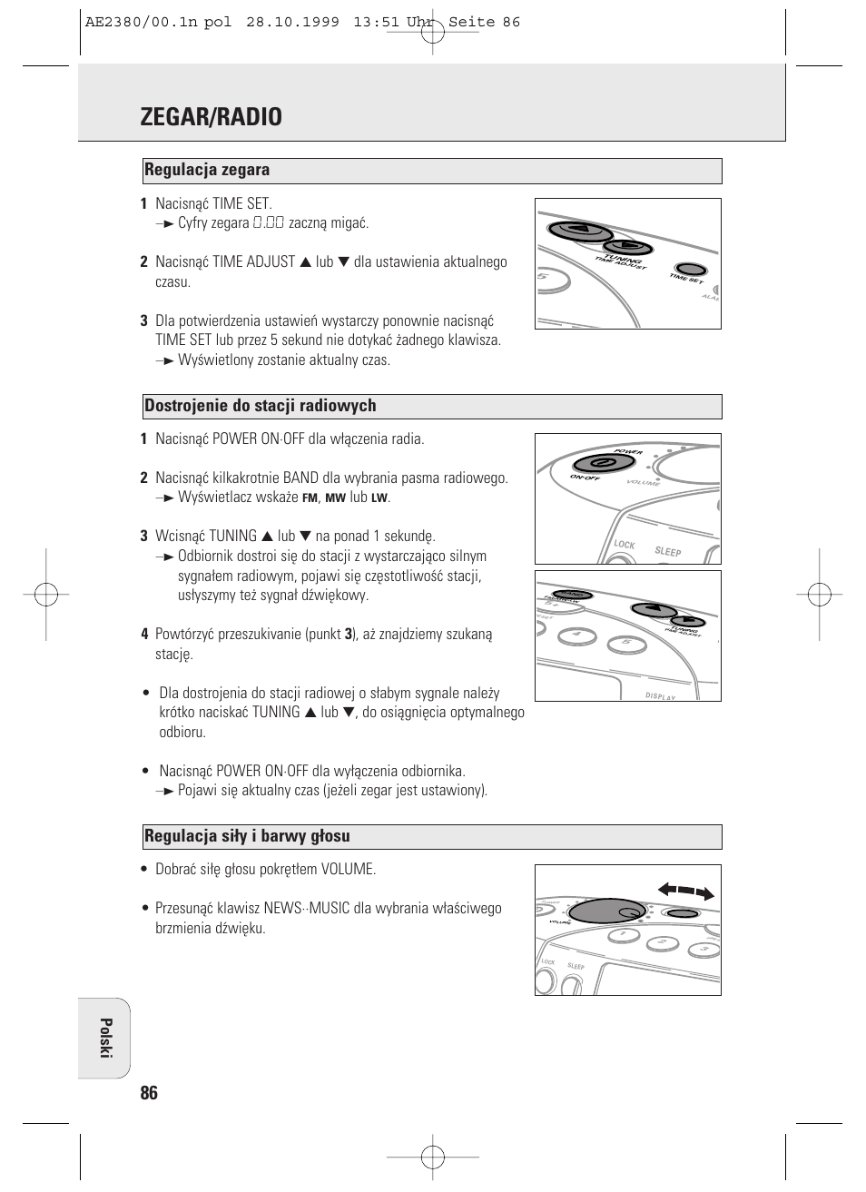 Zegar/radio, Regulacja si¬y i barwy g¬osu, Dostrojenie do stacji radiowych | Regulacja zegara, Polski 1 nacisnåæ time set, Wyœwietlacz wska¿e, 3 wcisnåæ tuning 3 lub 4 na ponad 1 sekundê | Philips AE2380 User Manual | Page 86 / 90