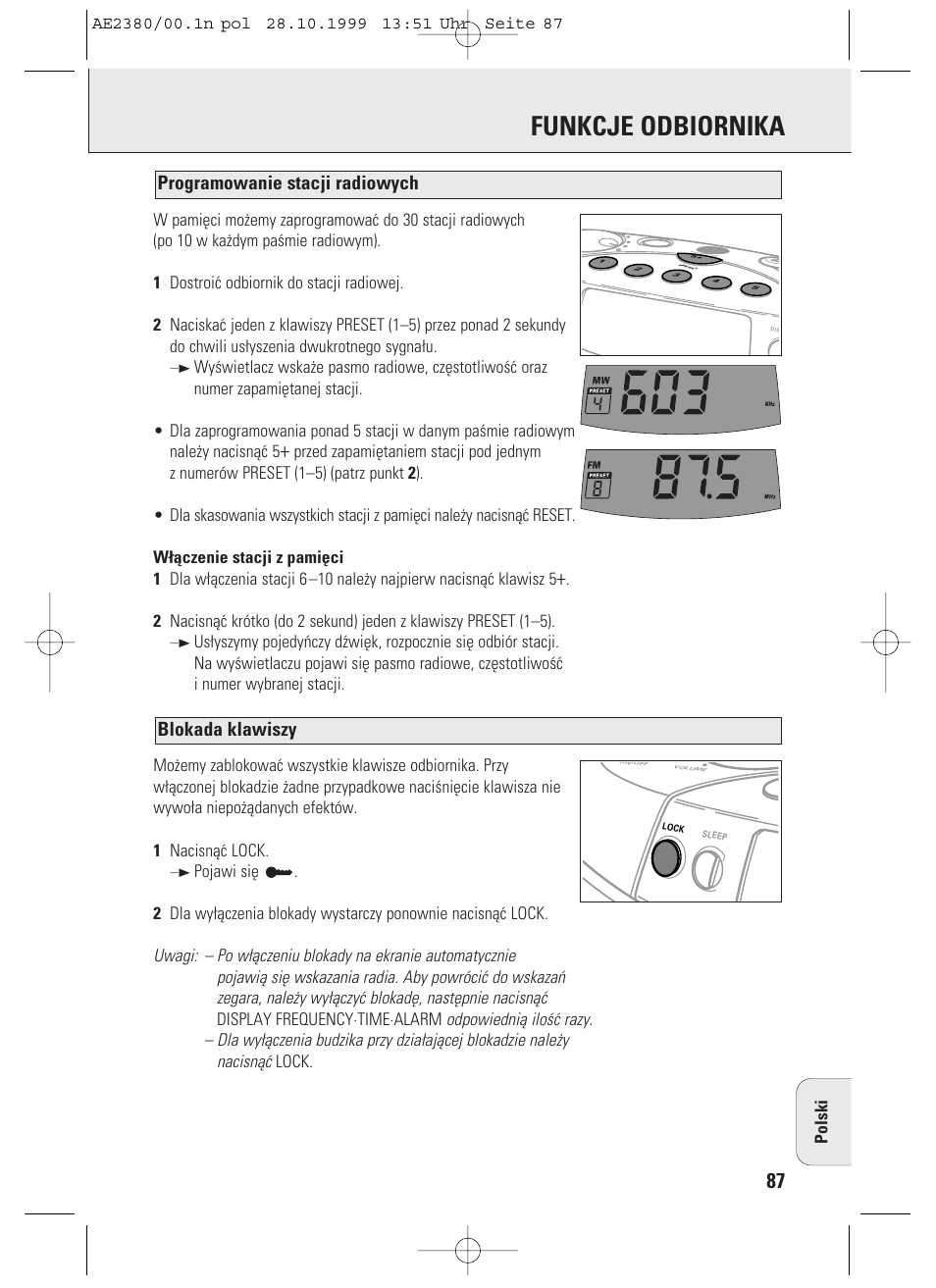 Funkcje odbiornika, Blokada klawiszy, Programowanie stacji radiowych | Philips AE2380 User Manual | Page 87 / 90