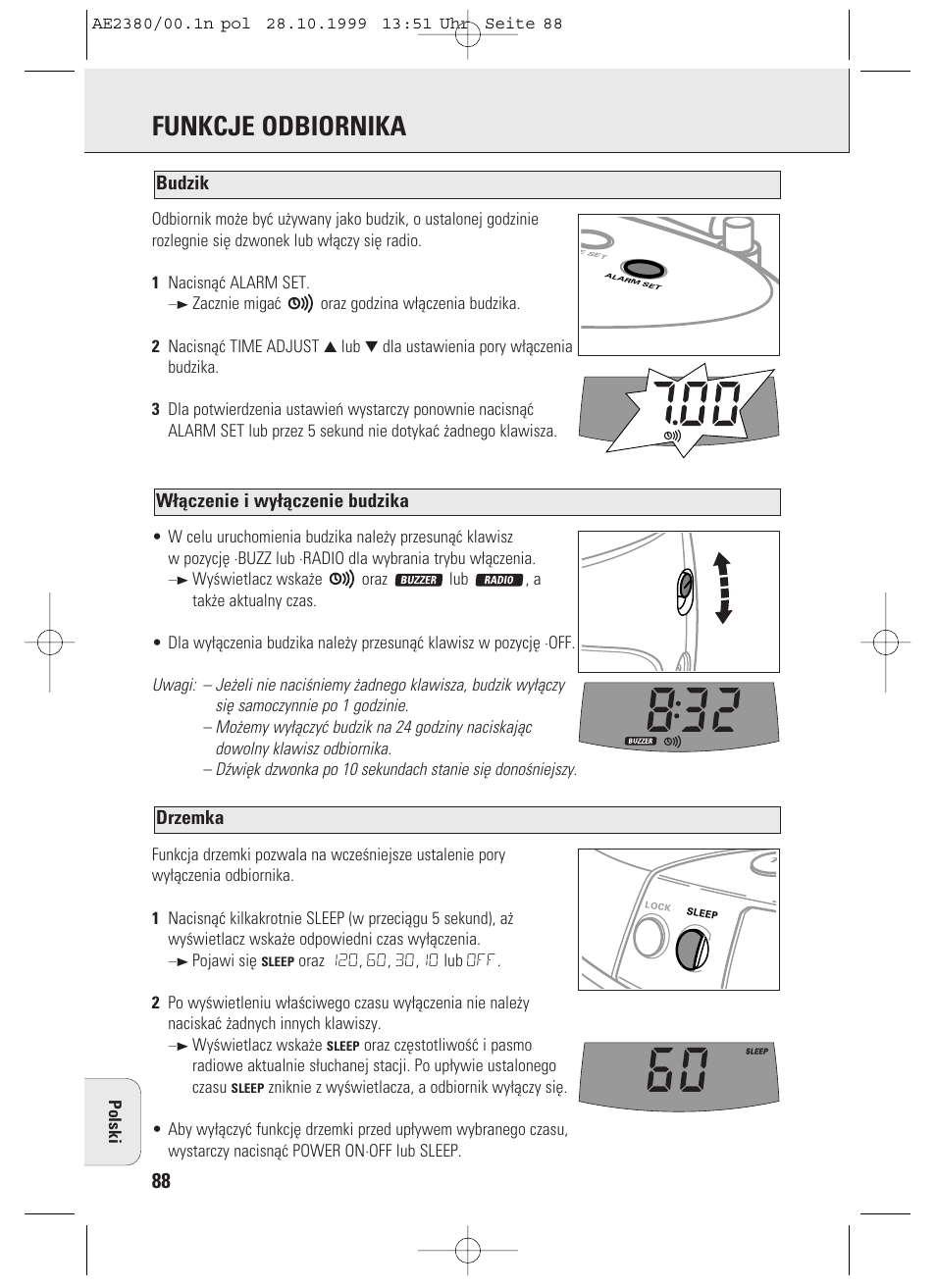 Funkcje odbiornika, Drzemka, W¬åczenie i wy¬åczenie budzika | Budzik, Polski, Pojawi siê, Wyœwietlacz wska¿e | Philips AE2380 User Manual | Page 88 / 90