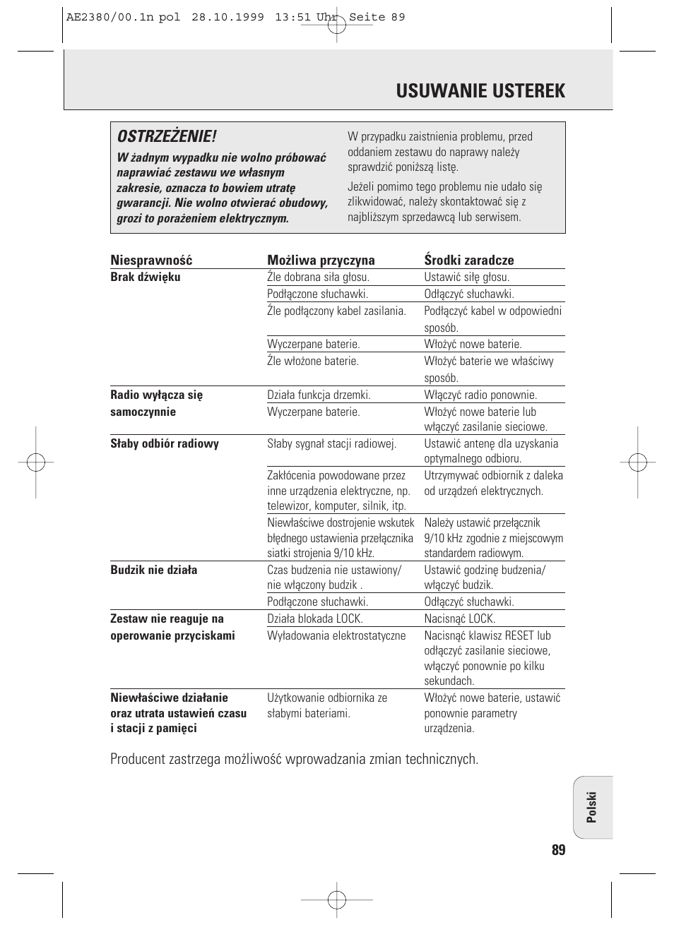 Usuwanie usterek, Ostrze¯enie | Philips AE2380 User Manual | Page 89 / 90
