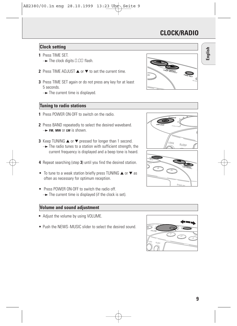 Clock/radio, Volume and sound adjustment, Tuning to radio stations | Clock setting, 1 press time set | Philips AE2380 User Manual | Page 9 / 90