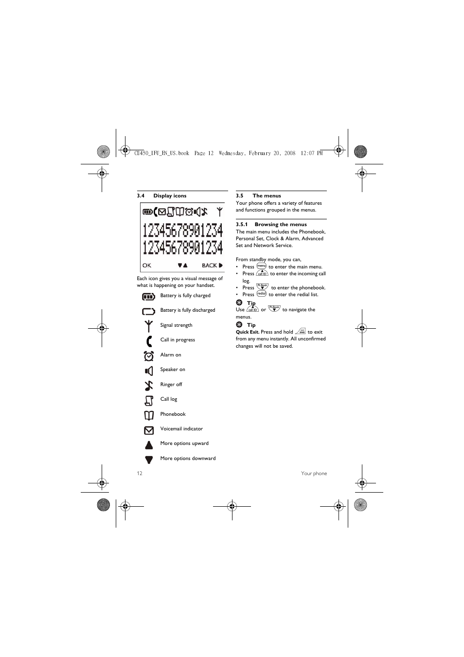 4 display icons, 5 the menus | Philips CD450XY/ZZ User Manual | Page 14 / 59