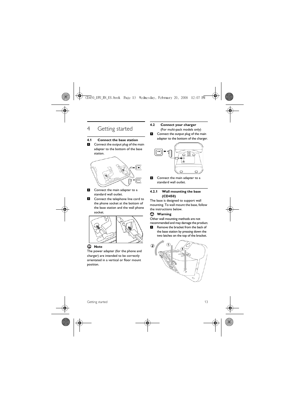 4 getting started, 1 connect the base station, 2 connect your charger | 4getting started | Philips CD450XY/ZZ User Manual | Page 15 / 59