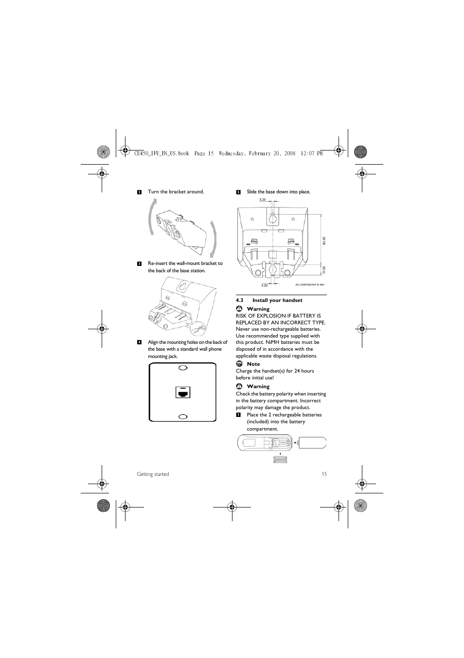 3 install your handset | Philips CD450XY/ZZ User Manual | Page 17 / 59
