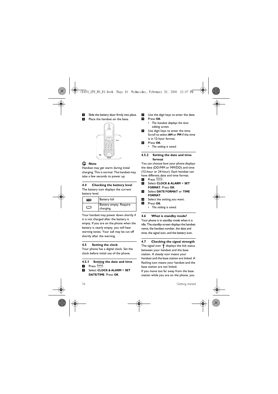 4 checking the battery level, 5 setting the clock, 6 what is standby mode | 7 checking the signal strength | Philips CD450XY/ZZ User Manual | Page 18 / 59