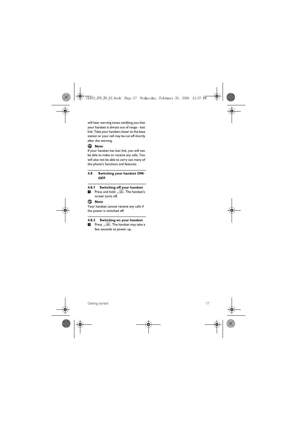 8 switching your handset on/ off | Philips CD450XY/ZZ User Manual | Page 19 / 59