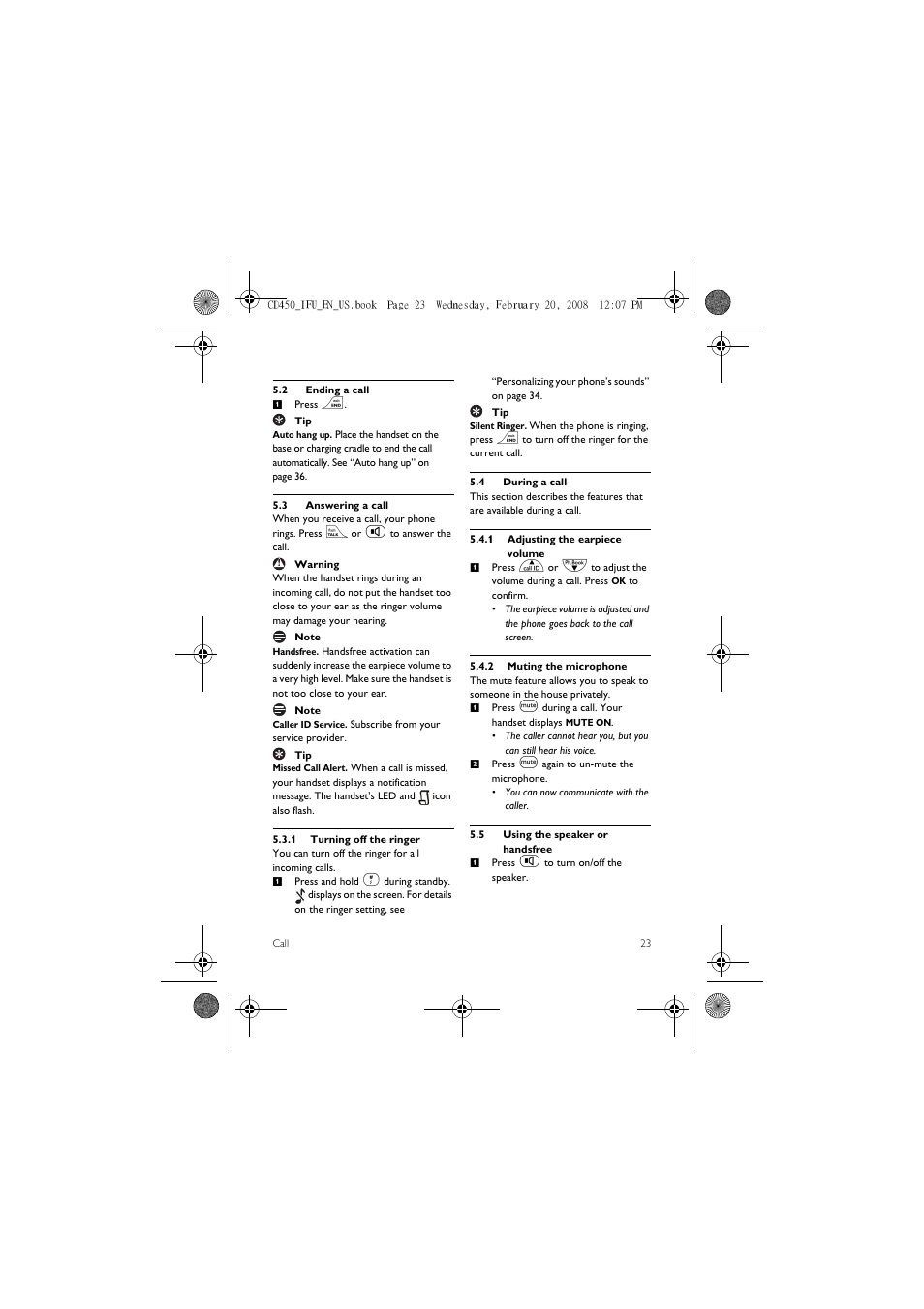 2 ending a call, 3 answering a call, 4 during a call | 5 using the speaker or handsfree | Philips CD450XY/ZZ User Manual | Page 25 / 59