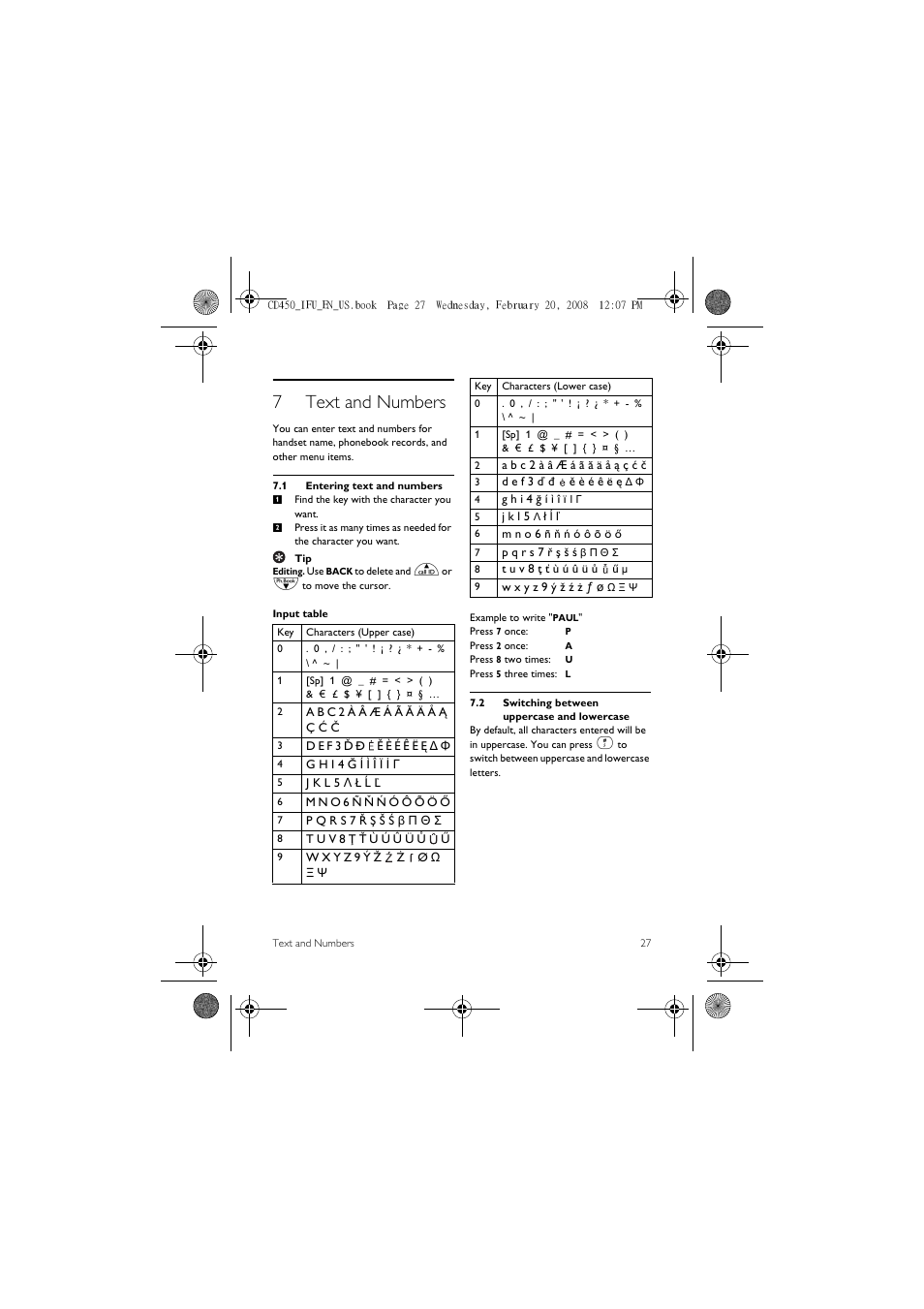 7 text and numbers, 1 entering text and numbers, 2 switching between uppercase and lowercase | 7text and numbers | Philips CD450XY/ZZ User Manual | Page 29 / 59