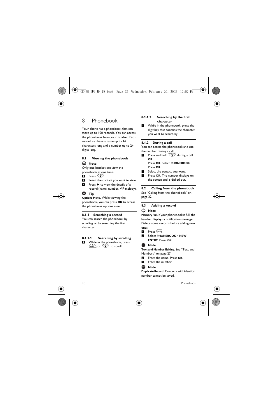 8 phonebook, 1 viewing the phonebook, 2 calling from the phonebook | 3 adding a record, 8phonebook | Philips CD450XY/ZZ User Manual | Page 30 / 59