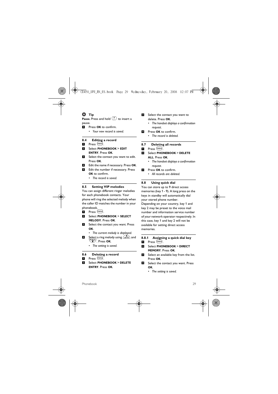 4 editing a record, 5 setting vip melodies, 6 deleting a record | 7 deleting all records, 8 using quick dial | Philips CD450XY/ZZ User Manual | Page 31 / 59