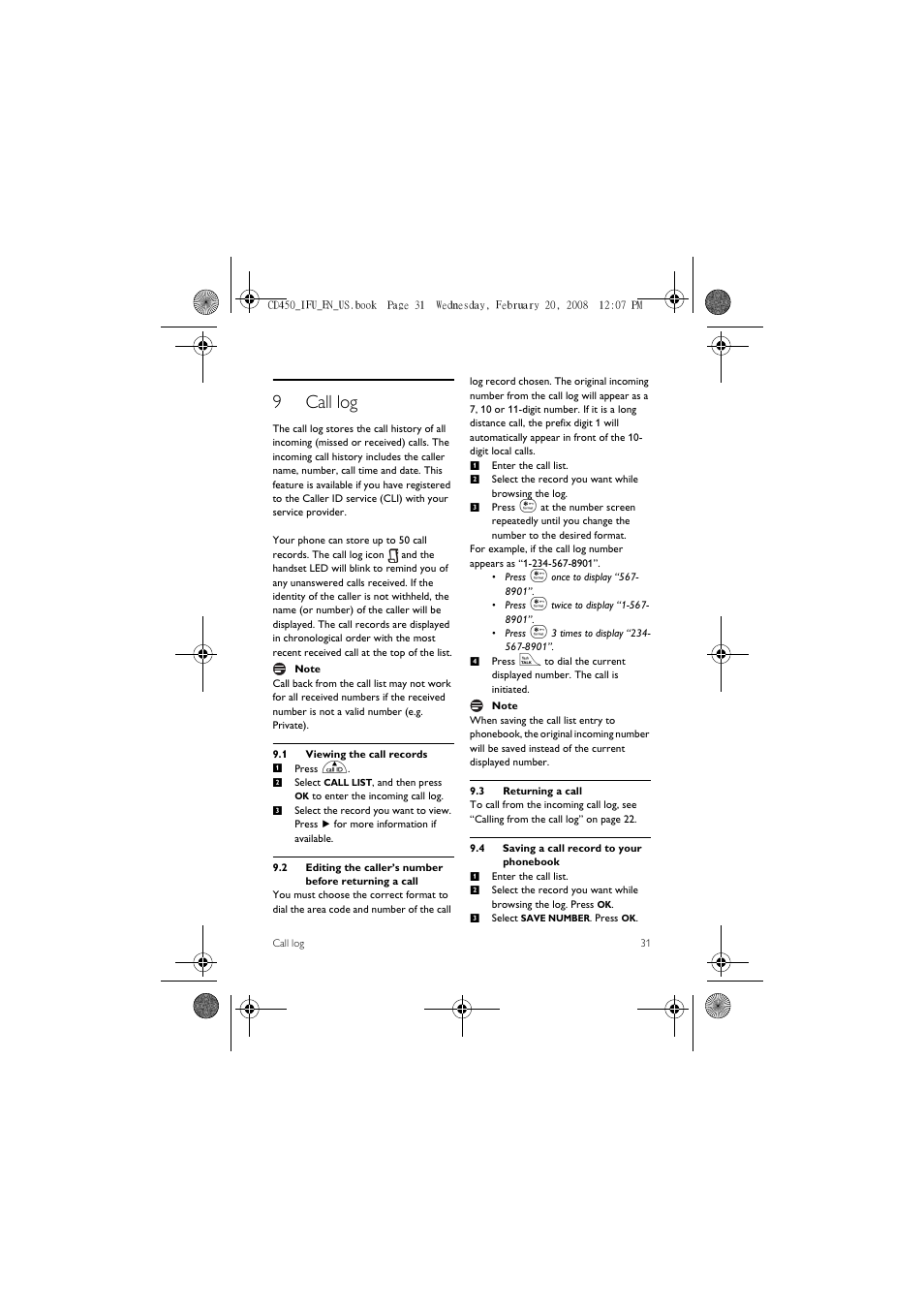 9 call log, 1 viewing the call records, 3 returning a call | 4 saving a call record to your phonebook, 9call log | Philips CD450XY/ZZ User Manual | Page 33 / 59