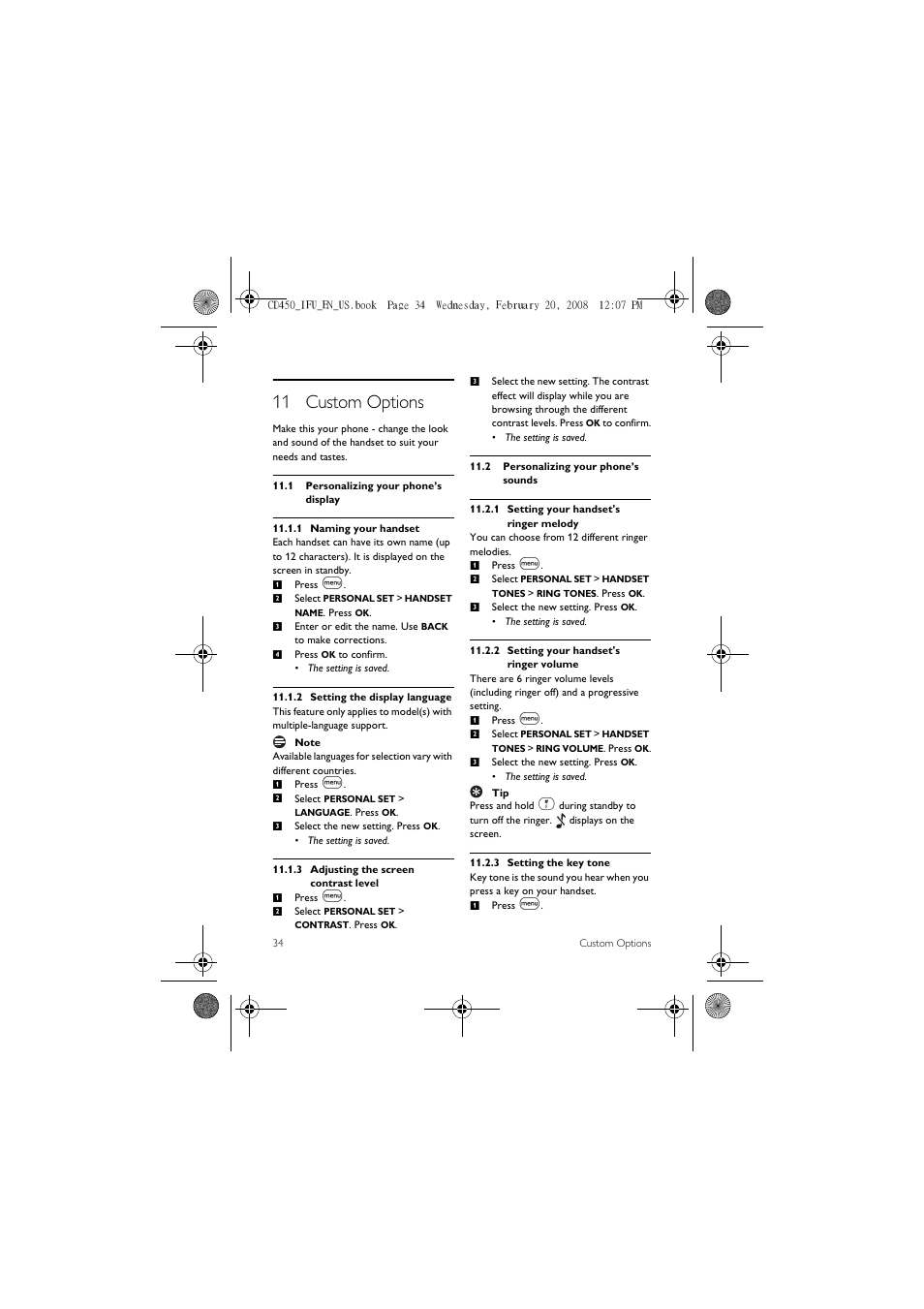 11 custom options, 1 personalizing your phone’s display, 2 personalizing your phone’s sounds | Philips CD450XY/ZZ User Manual | Page 36 / 59