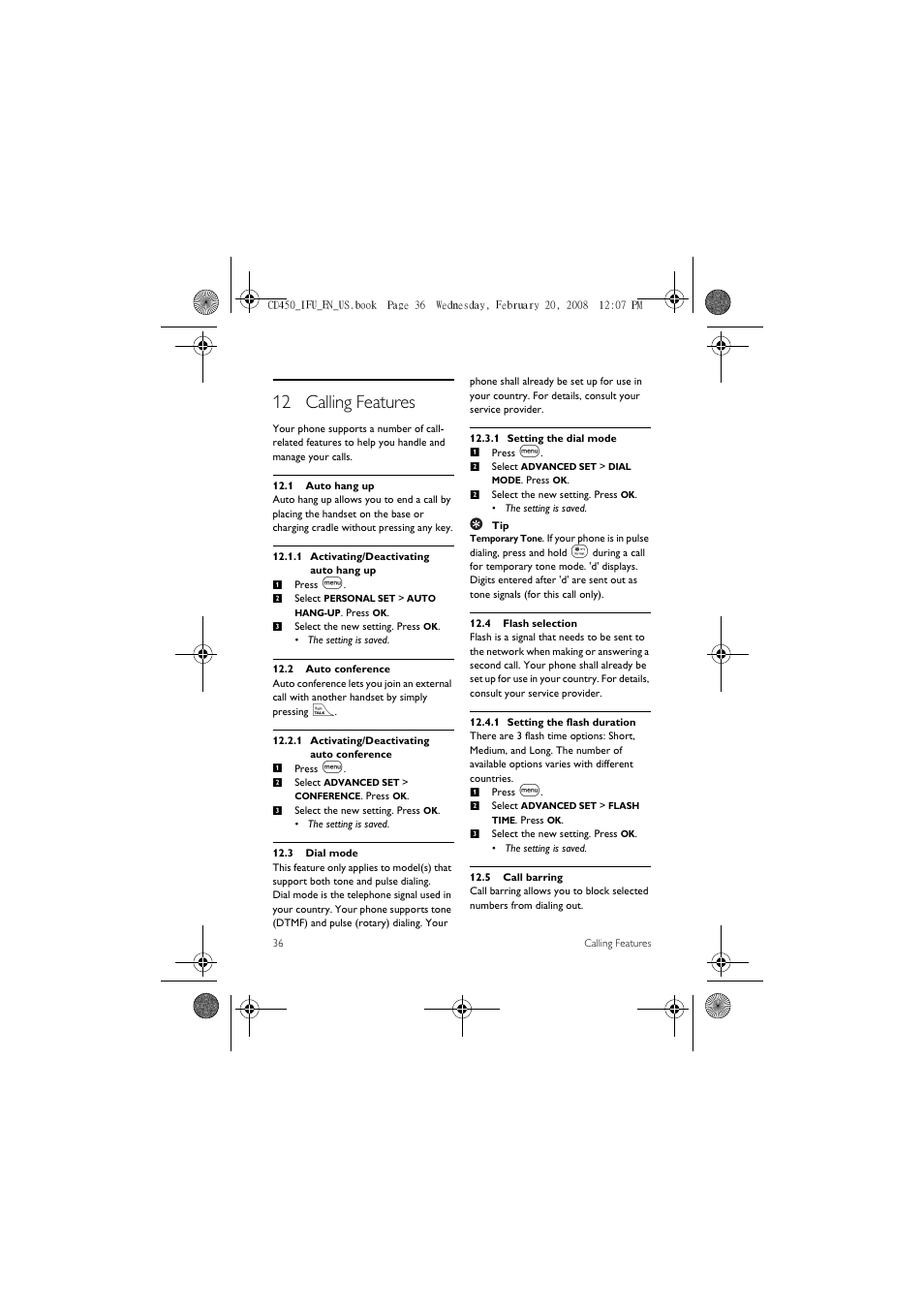 12 calling features, 1 auto hang up, 2 auto conference | 3 dial mode, 4 flash selection, 5 call barring | Philips CD450XY/ZZ User Manual | Page 38 / 59