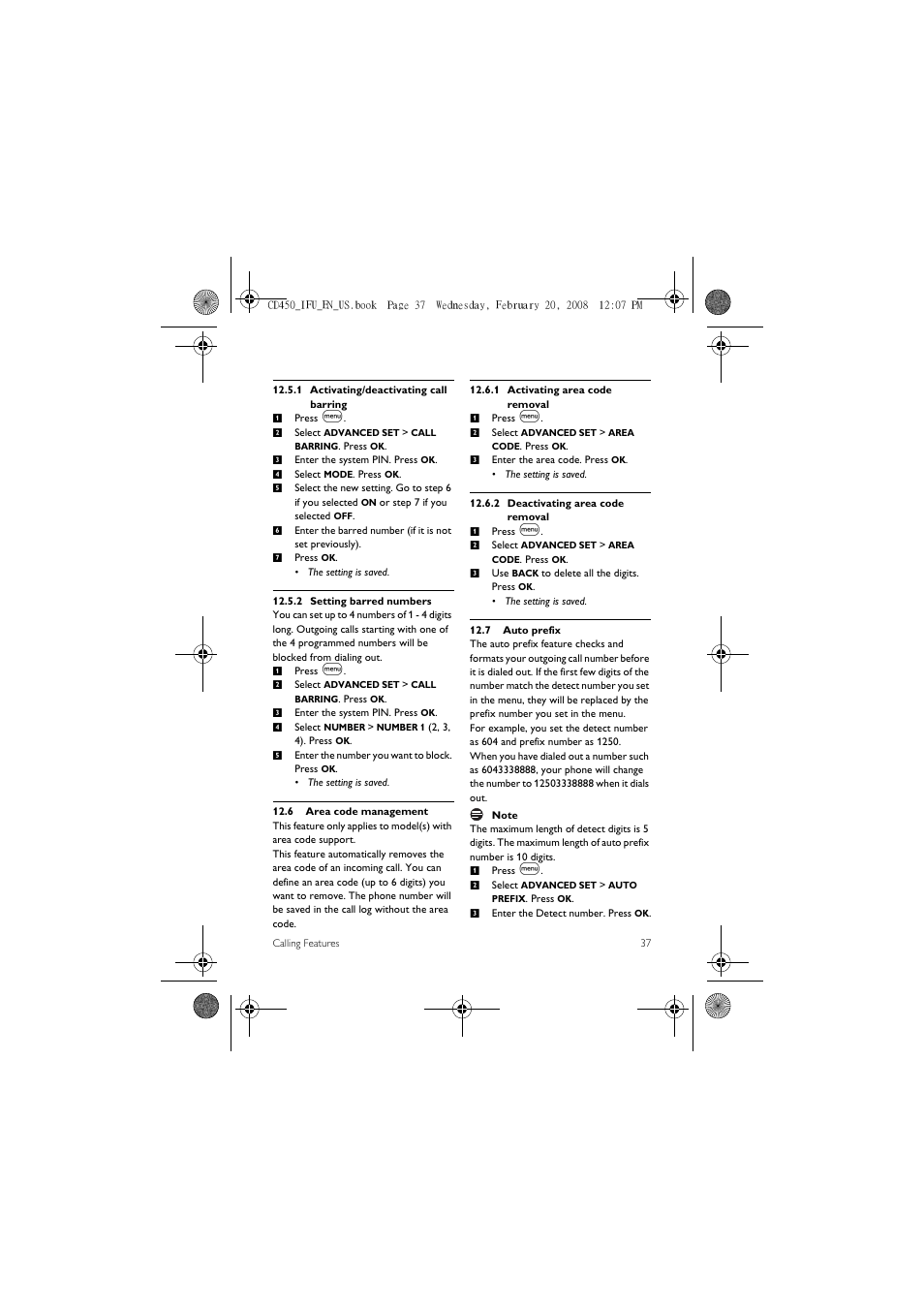 6 area code management, 7 auto prefix | Philips CD450XY/ZZ User Manual | Page 39 / 59