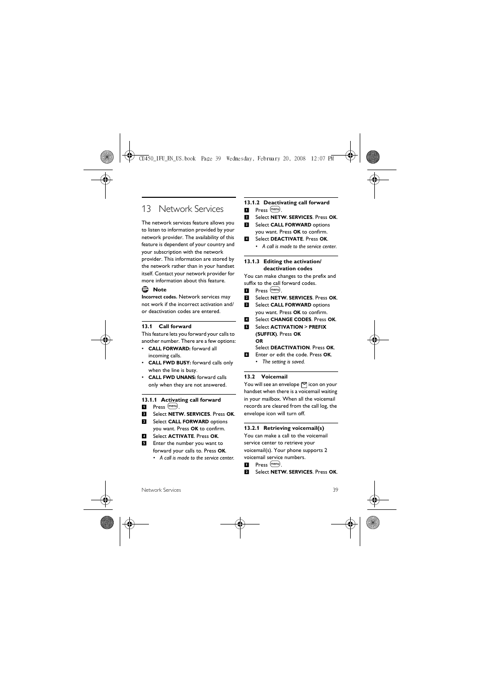 13 network services, 1 call forward, 2 voicemail | Philips CD450XY/ZZ User Manual | Page 41 / 59