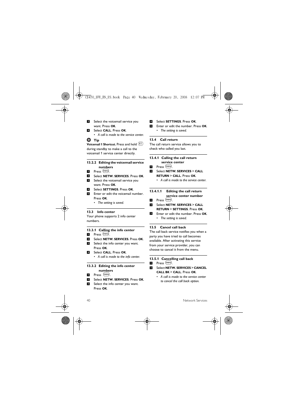 3 info center, 4 call return, 5 cancel call back | Philips CD450XY/ZZ User Manual | Page 42 / 59