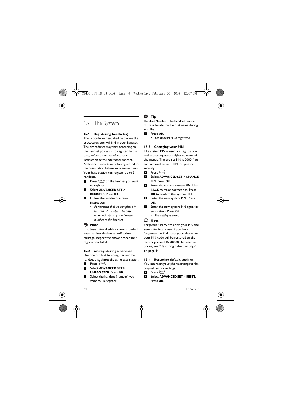 15 the system, 1 registering handset(s), 2 un-registering a handset | 3 changing your pin, 4 restoring default settings | Philips CD450XY/ZZ User Manual | Page 46 / 59