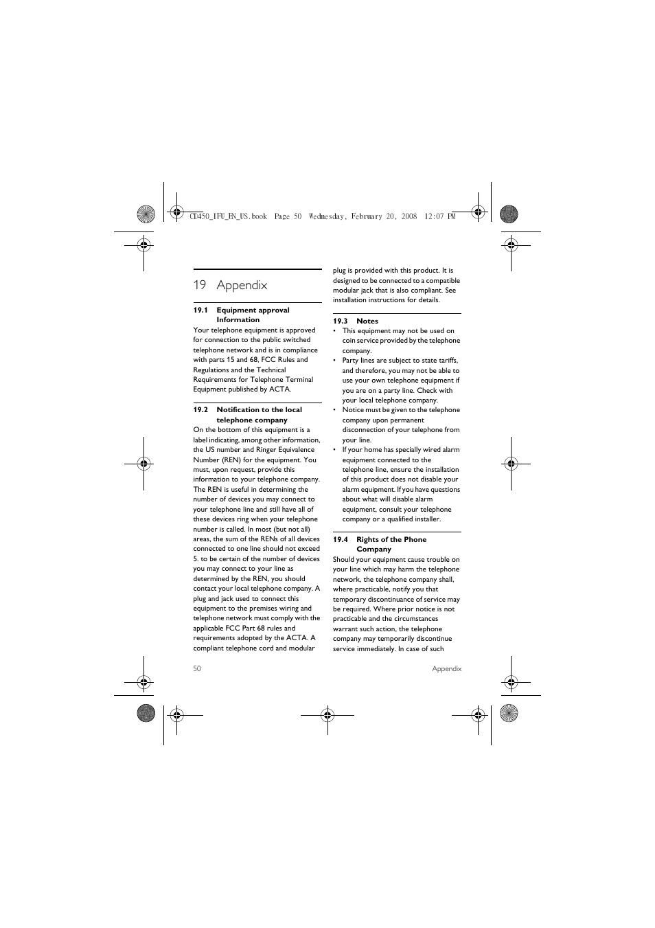 19 appendix, 1 equipment approval information, 2 notification to the local telephone company | 3 notes, 4 rights of the phone company | Philips CD450XY/ZZ User Manual | Page 52 / 59