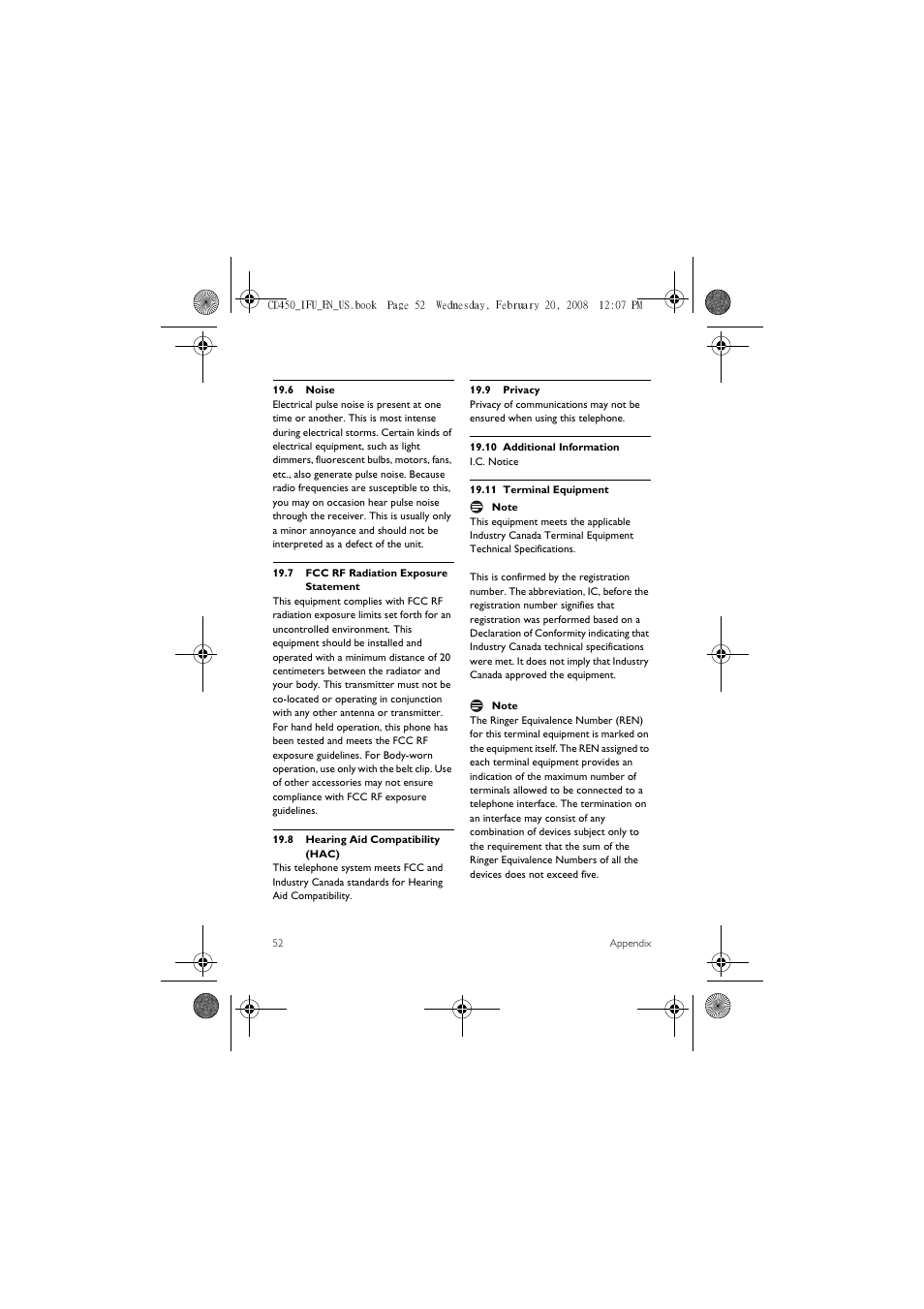 6 noise, 7 fcc rf radiation exposure statement, 8 hearing aid compatibility (hac) | 9 privacy, 10 additional information, 11 terminal equipment | Philips CD450XY/ZZ User Manual | Page 54 / 59