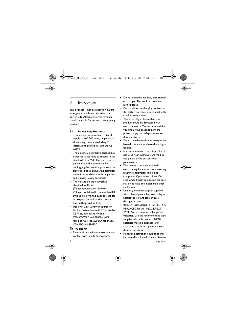 2 important, 1 power requirements, 2important | Philips CD450XY/ZZ User Manual | Page 8 / 59