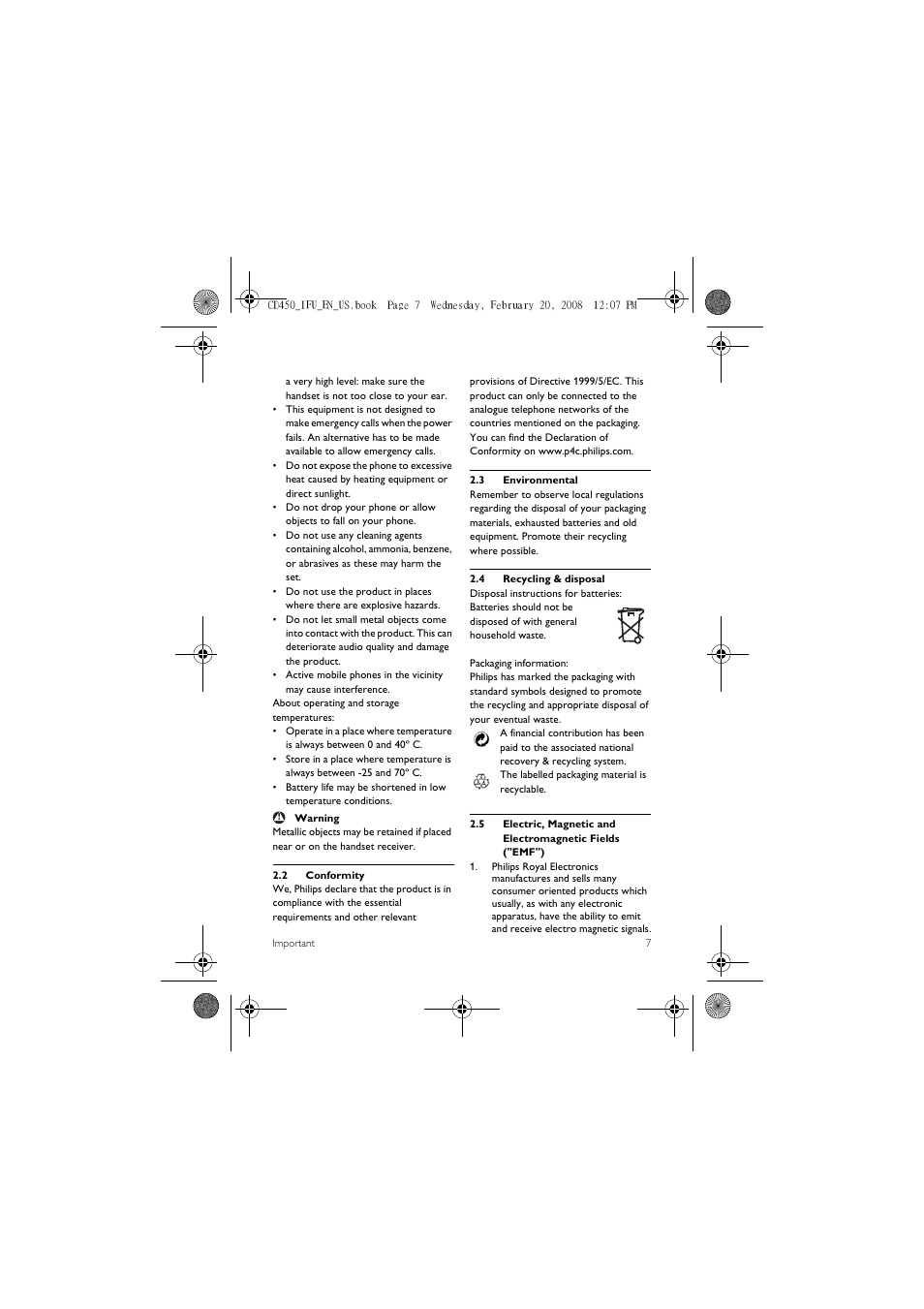 2 conformity, 3 environmental, 4 recycling & disposal | Philips CD450XY/ZZ User Manual | Page 9 / 59