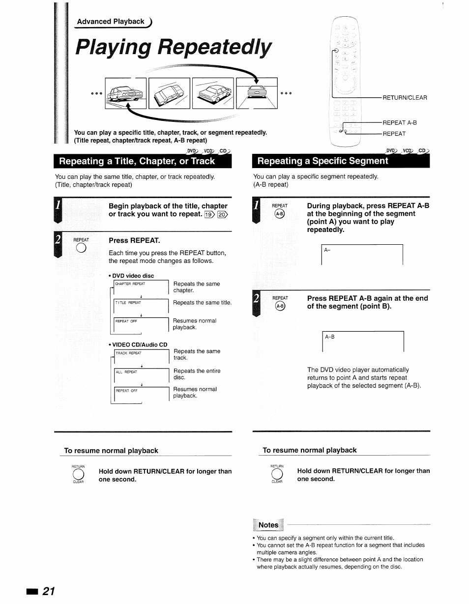 Repeating a title, chapter, or track, Hold down return/clear for longer than one second, Playing repeatedly | Philips DVD840 User Manual | Page 22 / 48