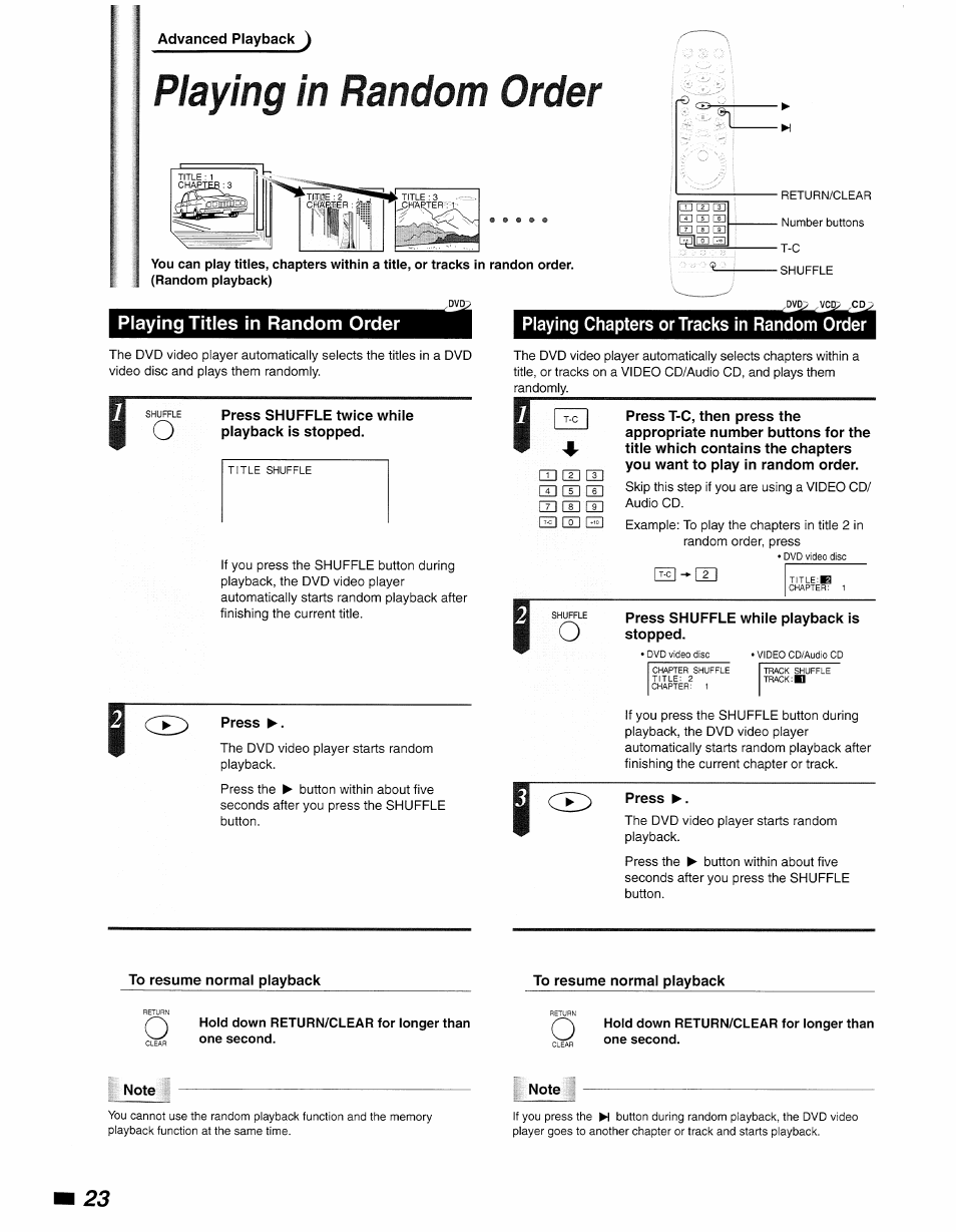 Playing titles in random order, Playing chapters or tracks in random order, Hold down return/clear for longer than one second | Playing in random order | Philips DVD840 User Manual | Page 24 / 48