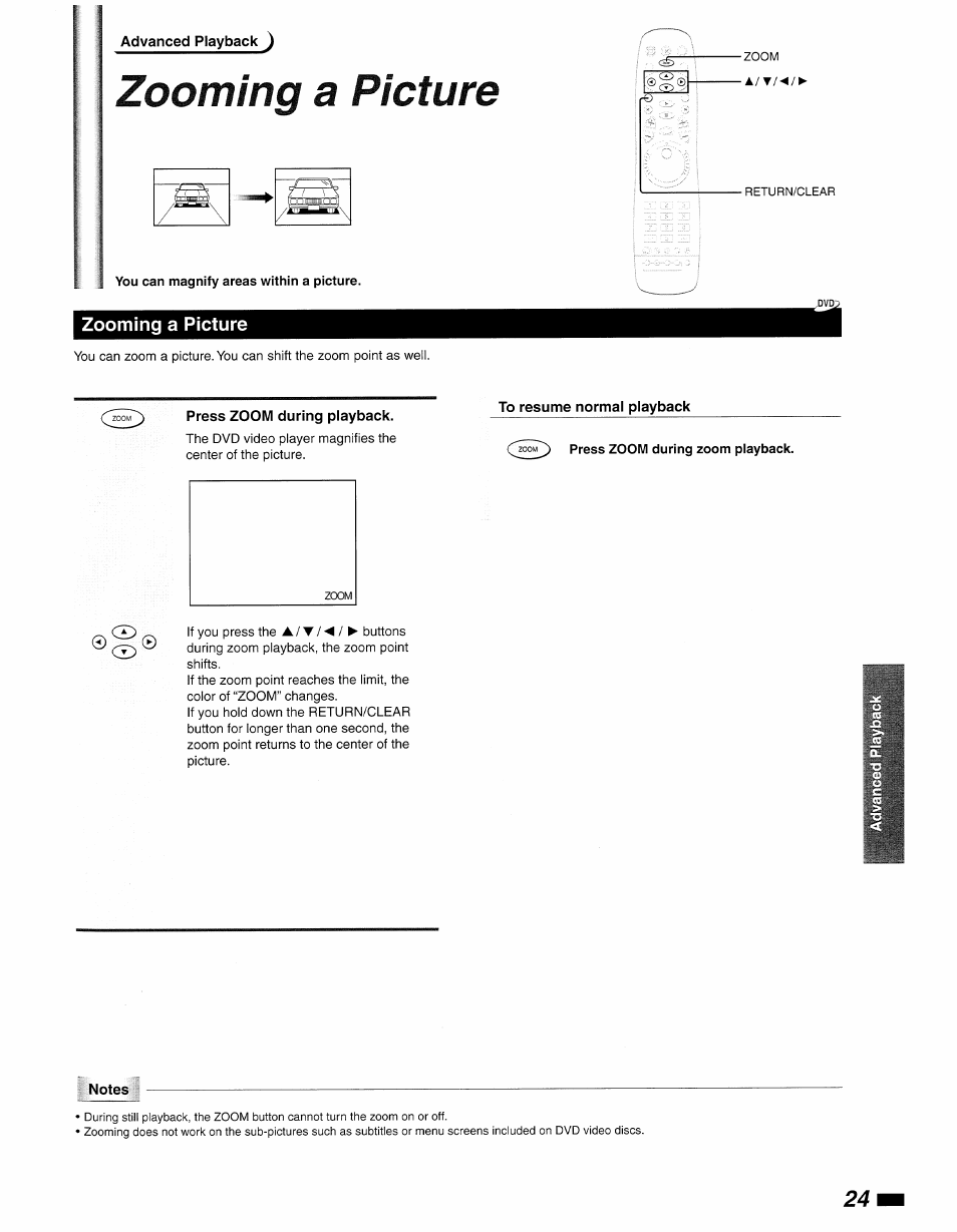 Zooming a picture, You can magnify areas within a picture, Joo^ press zoom during playback | To resume normal playback, Joo^^ press zoom during zoom playback, Notes | Philips DVD840 User Manual | Page 25 / 48