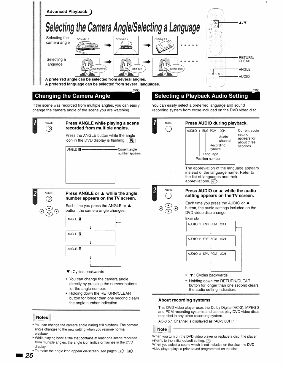 Notes, Selecting a playback audio setting, Press audio during playback | About recording systems, Note, Selecting the camera angle/selecting a language | Philips DVD840 User Manual | Page 26 / 48