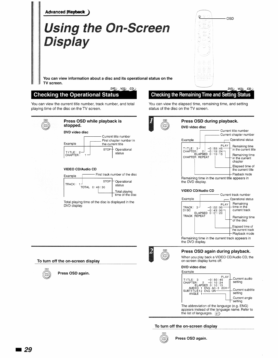 Using the on-screen display, Checking the operational status, Checking the remaining time and setting status | Press osd while playback is stopped, To turn off the on-screen display, Press osd again, Press osd during playback, Press osd again during playback, Feij) press osd again | Philips DVD840 User Manual | Page 30 / 48