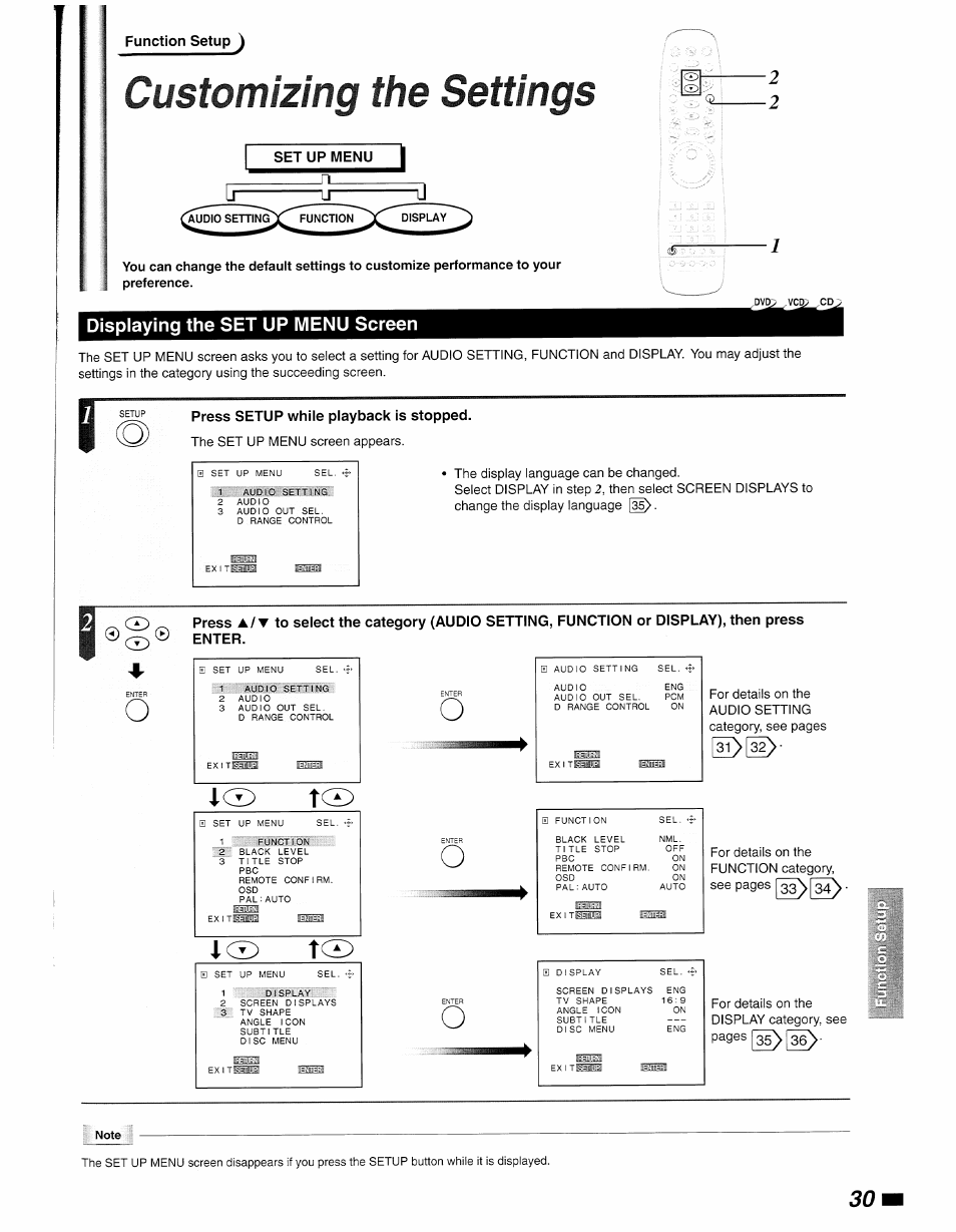 Set up menu i, Displaying the set up menu screen, Press setup while playback is stopped | Customizing the settings, I® t, A / t | Philips DVD840 User Manual | Page 31 / 48