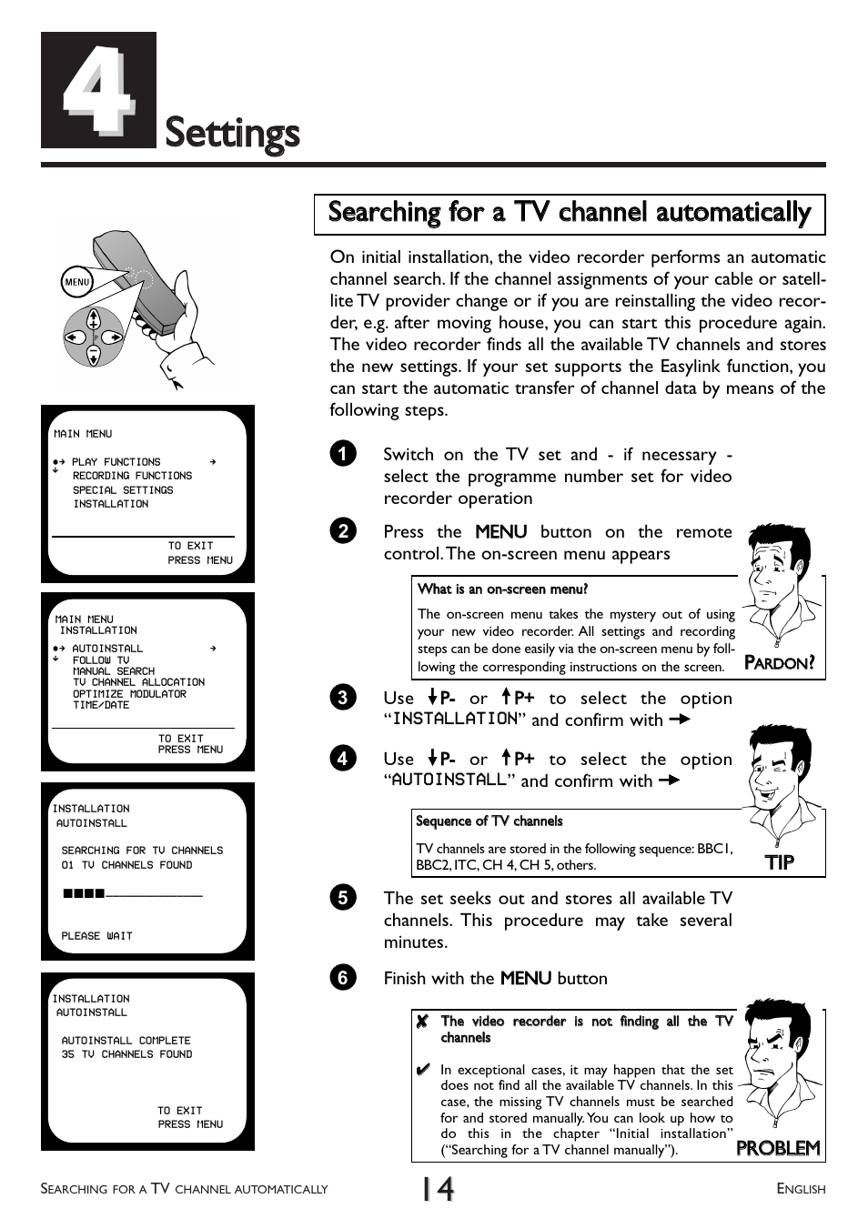 Settings, Searching for a tv channel automatically | Philips VR 708/07 User Manual | Page 14 / 56