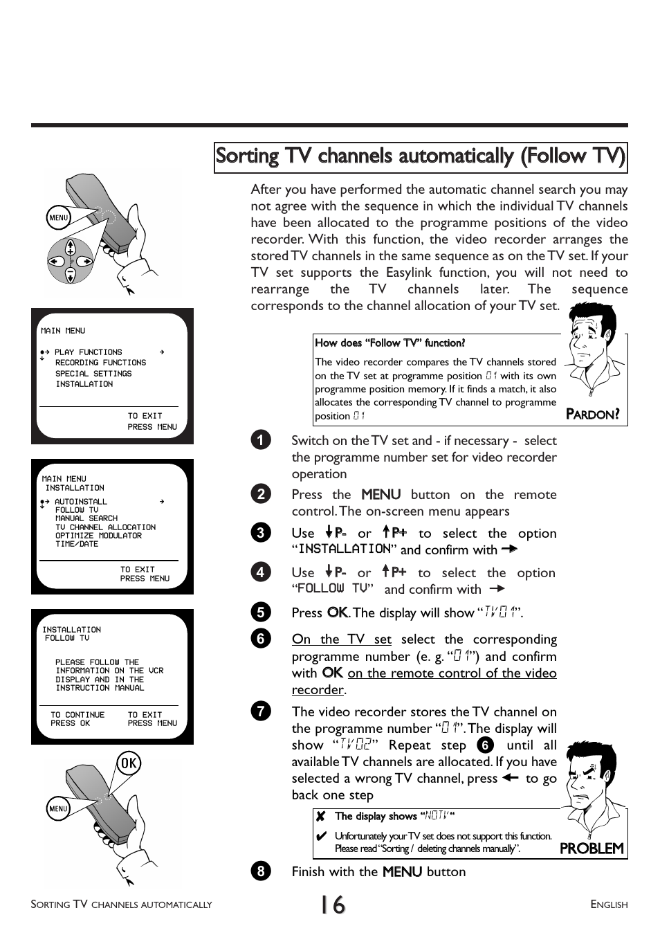 Sorting tv channels automatically (follow tv), Pprro obblleem m | Philips VR 708/07 User Manual | Page 16 / 56