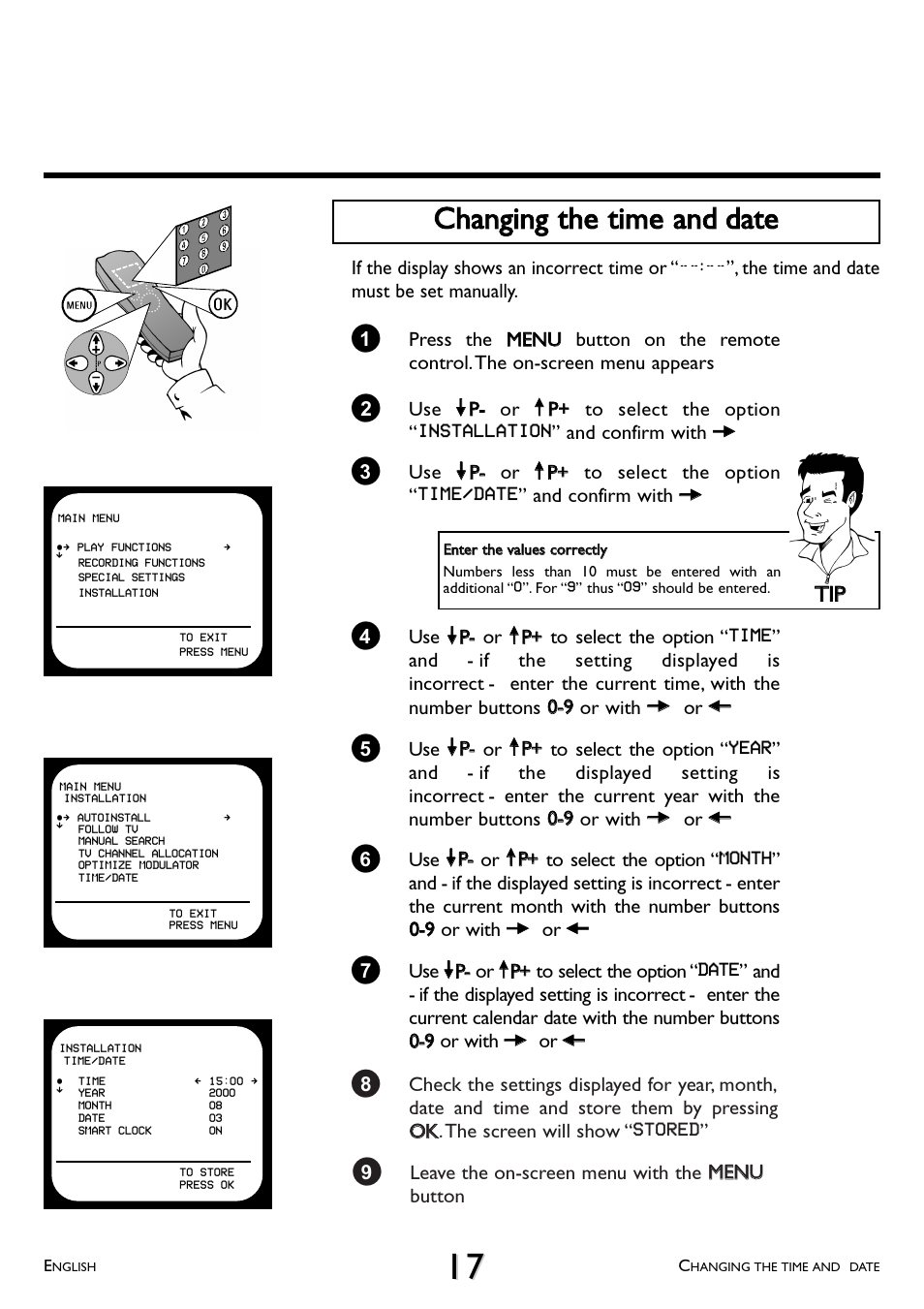 Changing the time and date, Cchhaannggiinngg tthhee ttiim mee aanndd ddaattee, Ttiipp | Philips VR 708/07 User Manual | Page 17 / 56