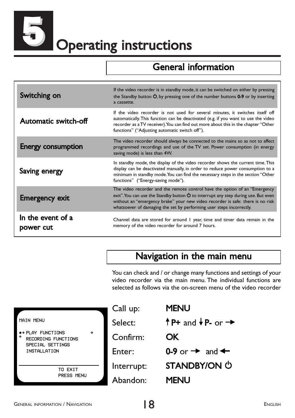 Operating, Instructions, General information | Navigation in the main menu, Ooppeerraattiinngg iinnssttrruuccttiioonnss, Ggeenneerraall iinnffoorrm maattiioonn | Philips VR 708/07 User Manual | Page 18 / 56