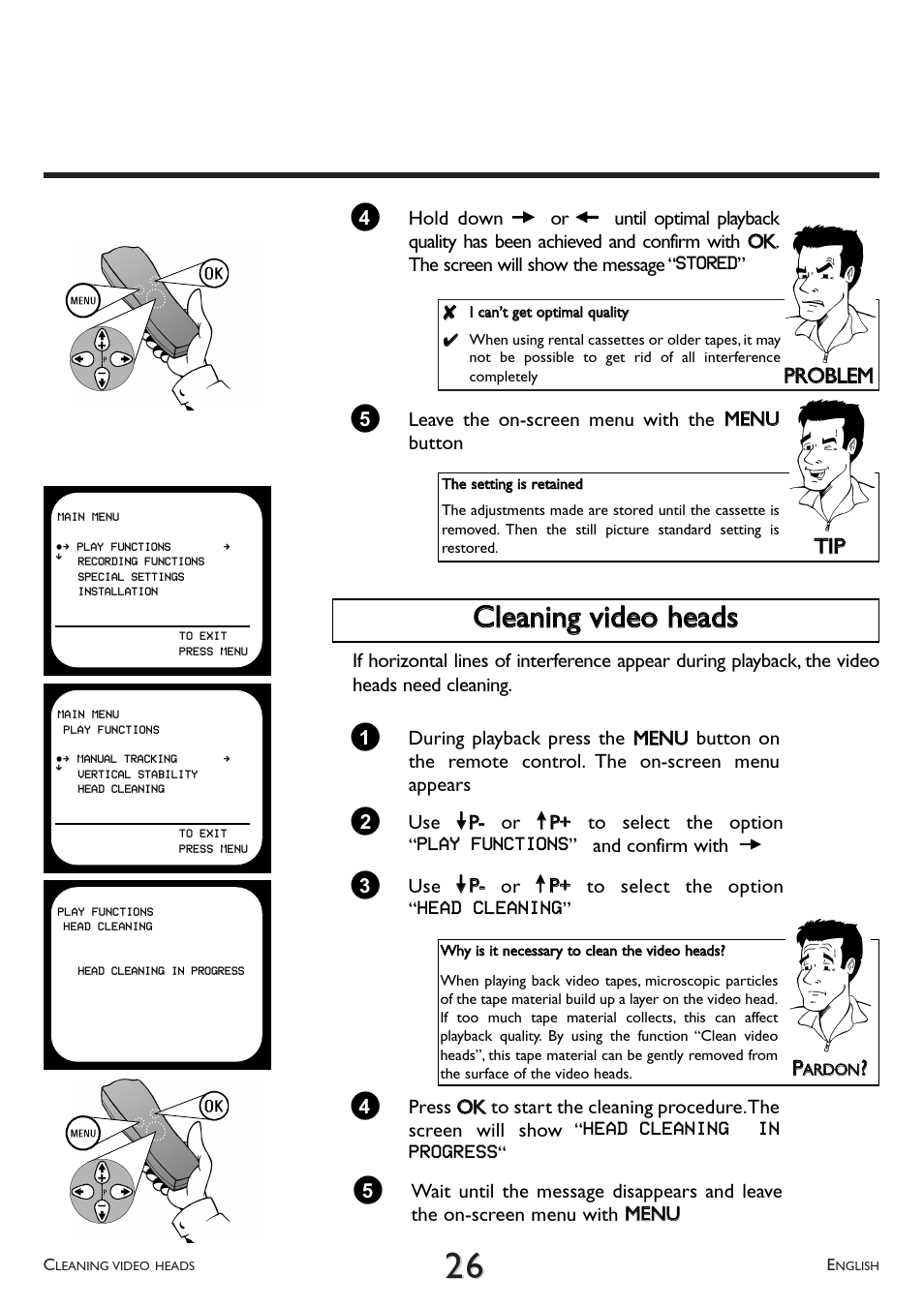 Cleaning video heads, Cclleeaanniinngg vviiddeeoo hheeaaddss, Pprro obblleem m | Ttiipp | Philips VR 708/07 User Manual | Page 26 / 56