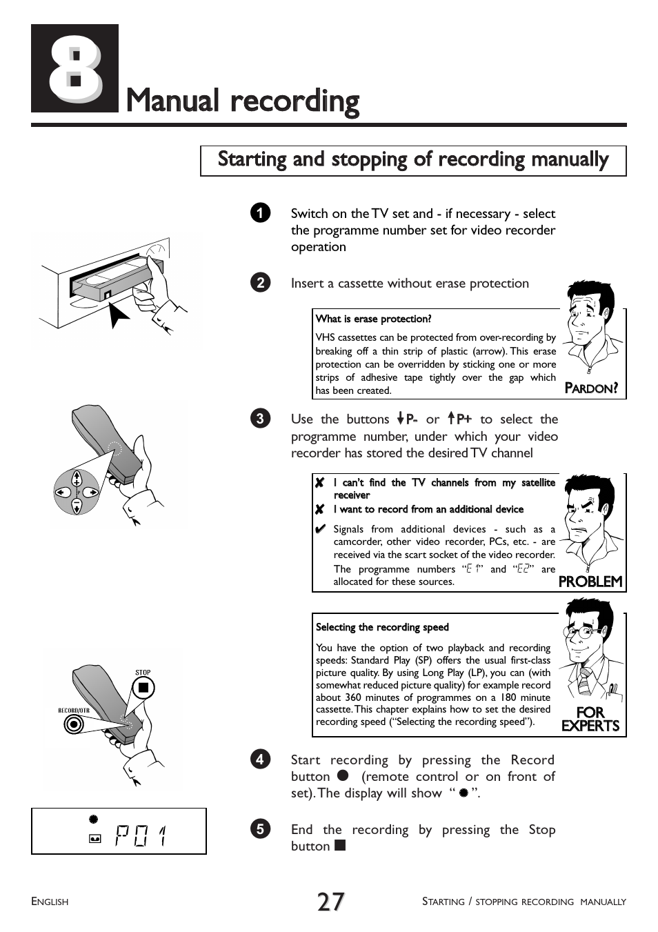 Manual, Recording, Starting and stopping of recording manually | Mmaannuuaall rreeccoorrddiinngg, P 0 1 д | Philips VR 708/07 User Manual | Page 27 / 56