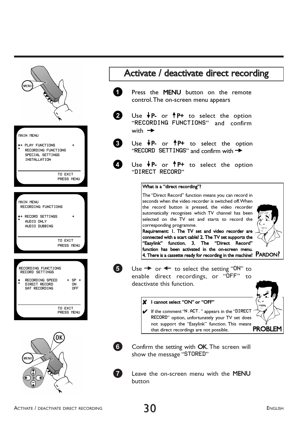 Activate / deactivate direct recording, Pprro obblleem m | Philips VR 708/07 User Manual | Page 30 / 56