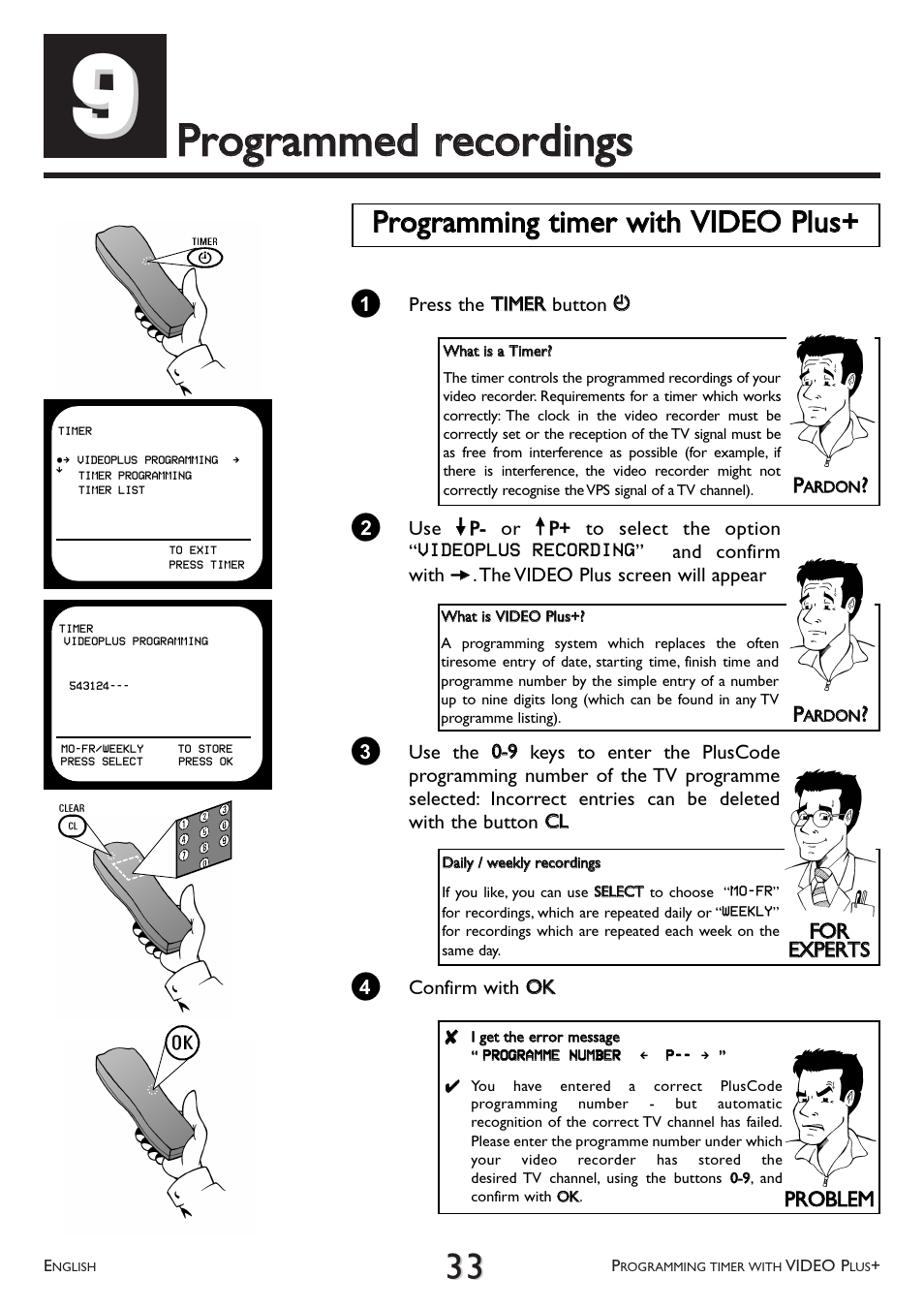 Programmed, Recordings, Programming timer with video plus | Pprrooggrraam mm meedd rreeccoorrddiinnggss | Philips VR 708/07 User Manual | Page 33 / 56