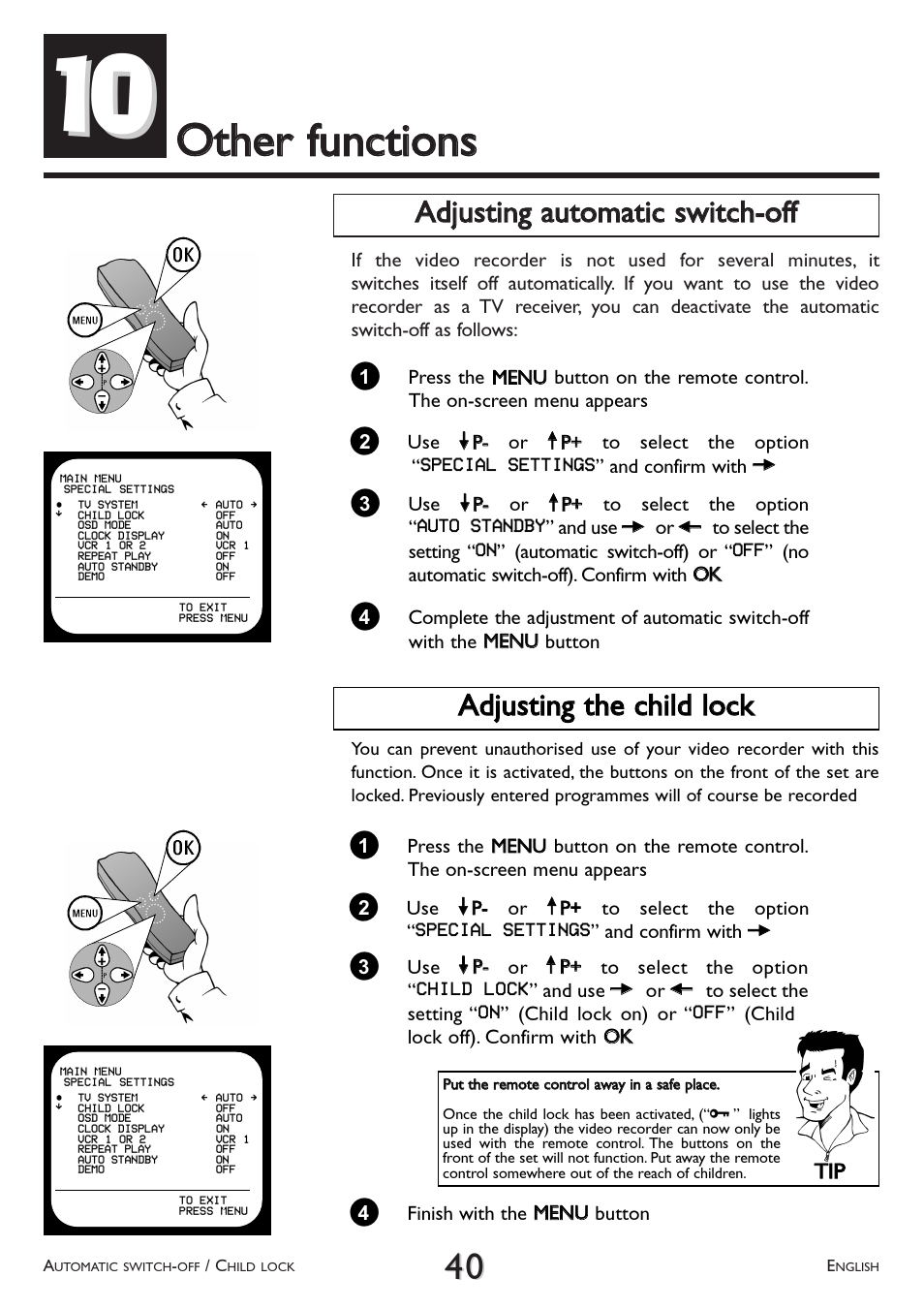 Other, Functions, Adjusting automatic switch-off | Adjusting the child lock, Ootthheerr ffuunnccttiioonnss, Aaddjjuussttiinngg tthhee cchhiilldd lloocckk | Philips VR 708/07 User Manual | Page 40 / 56