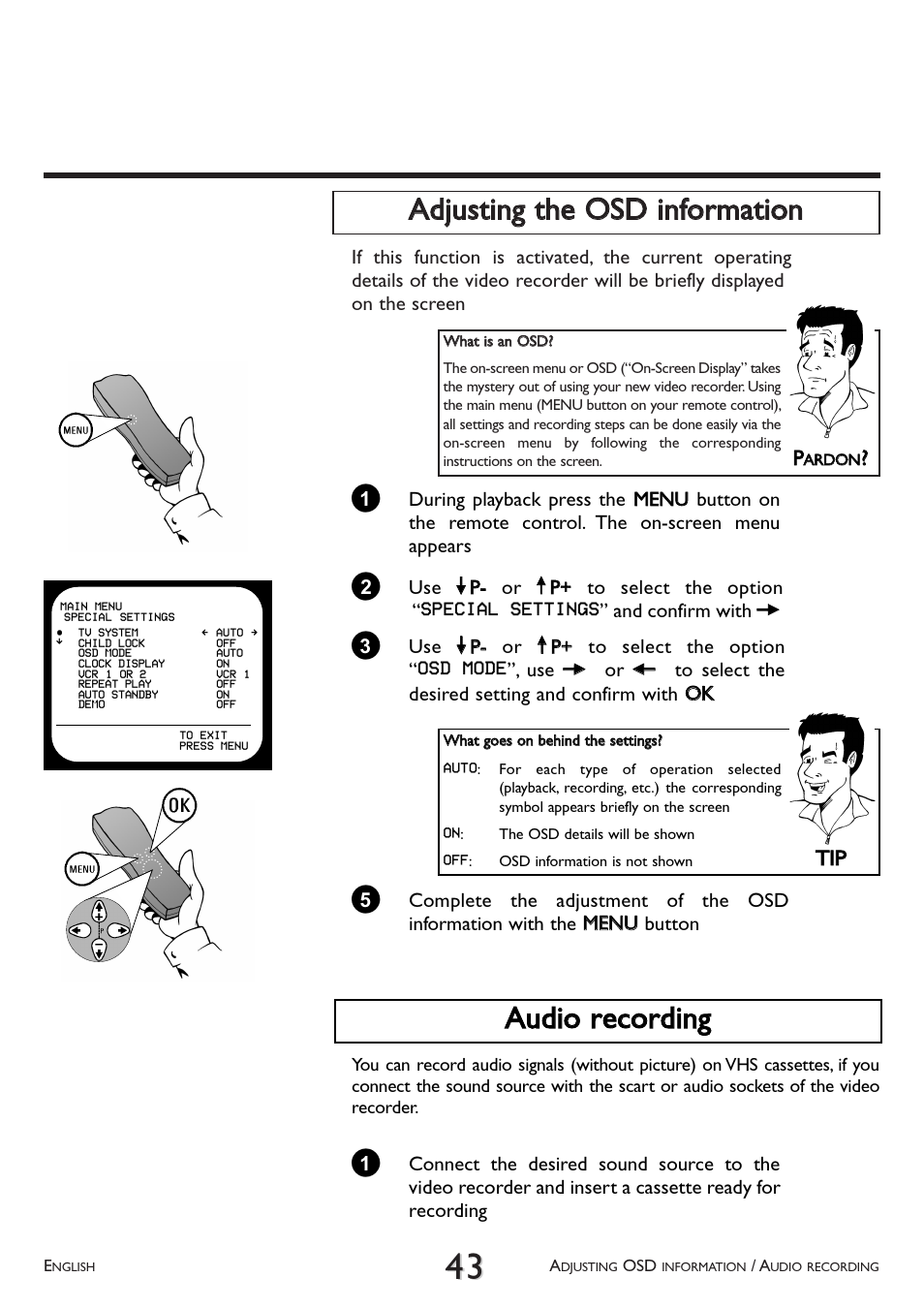 Adjusting the osd information, Audio recording, Aauuddiioo rreeccoorrddiinngg | T tiipp | Philips VR 708/07 User Manual | Page 43 / 56