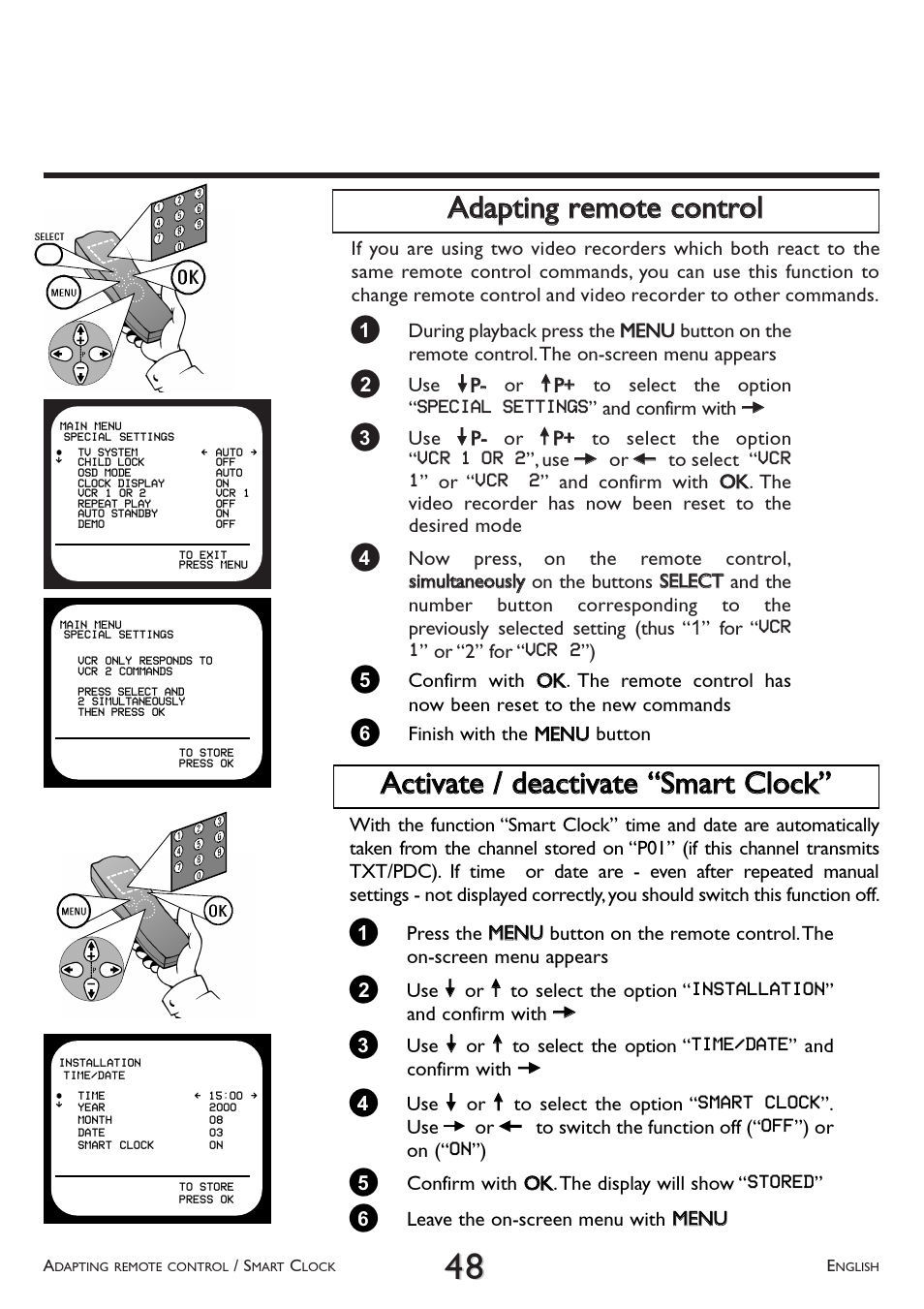 Adapting remote control, Activate / deactivate smart clock, Aaddaappttiinngg rreem moottee ccoonnttrrooll | Philips VR 708/07 User Manual | Page 48 / 56