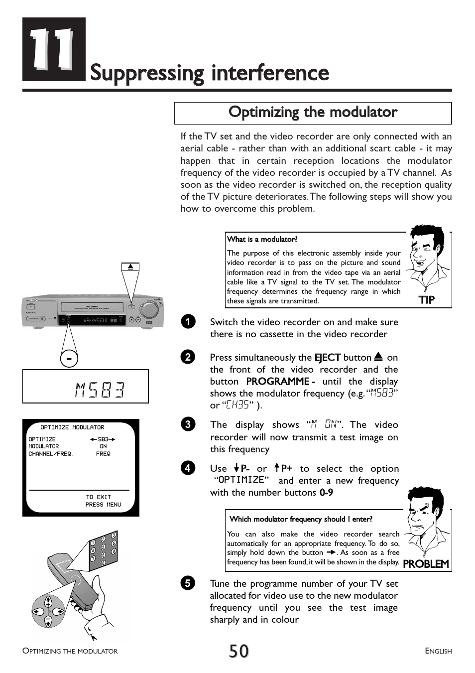 Suppressing, Interference, Optimizing the modulator | M 5 8 3, Ooppttiim miizziinngg tthhee m moodduullaattoorr | Philips VR 708/07 User Manual | Page 50 / 56