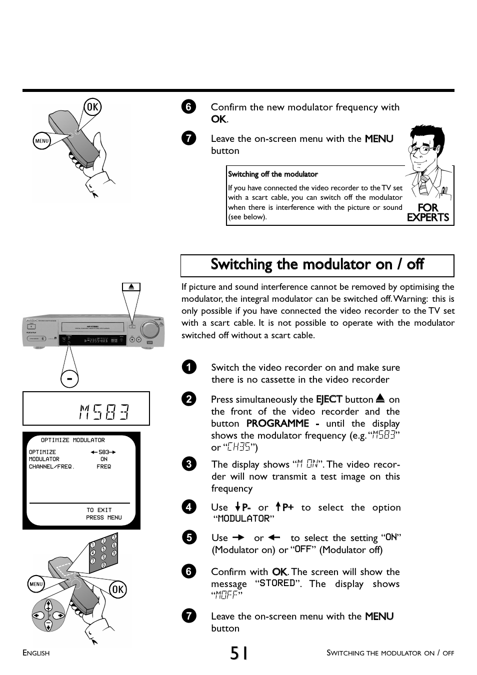 Switching the modulator on / off, M 5 8 3 | Philips VR 708/07 User Manual | Page 51 / 56