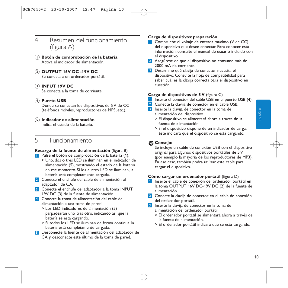4resumen del funcionamiento (figura a), 5funcionamiento | Philips SCE7640 User Manual | Page 10 / 61