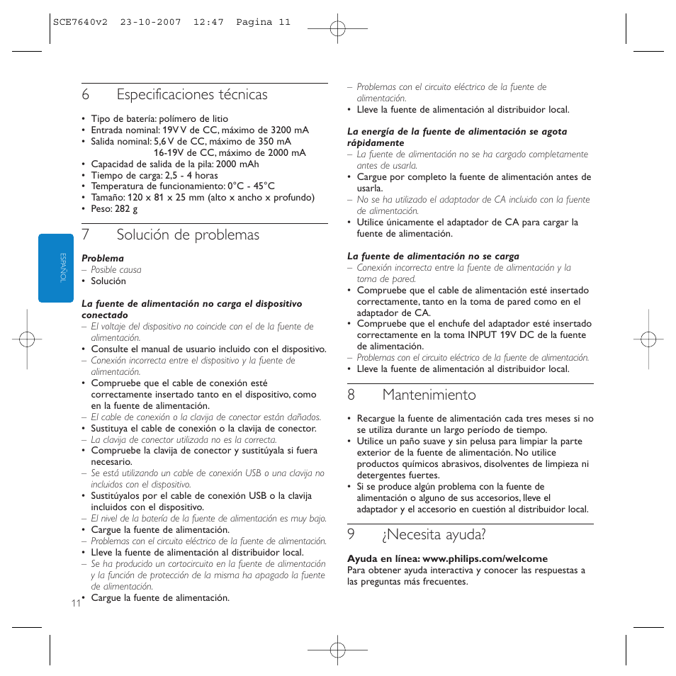 6especificaciones técnicas, 7solución de problemas, 8mantenimiento | 9¿necesita ayuda | Philips SCE7640 User Manual | Page 11 / 61