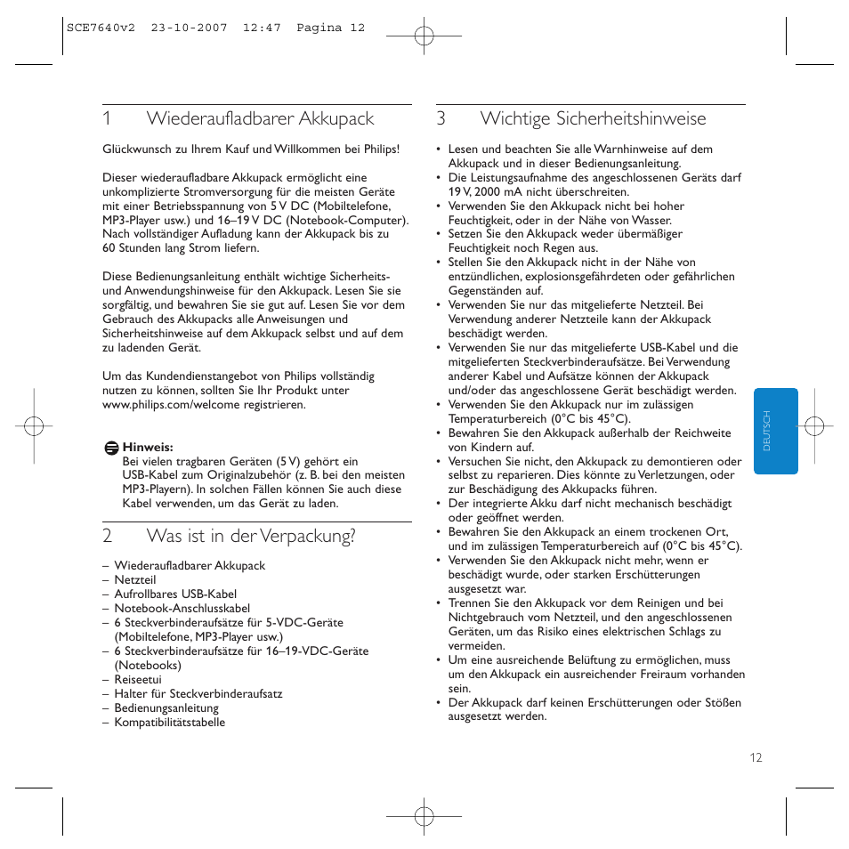 1wiederaufladbarer akkupack, 2was ist in der verpackung, 3wichtige sicherheitshinweise | Philips SCE7640 User Manual | Page 12 / 61