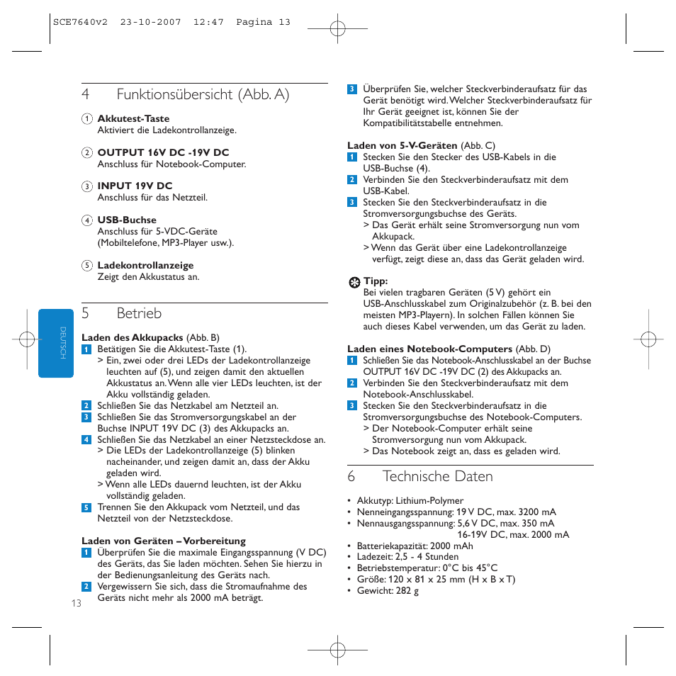 4funktionsübersicht (abb. a), 5betrieb, 6technische daten | Philips SCE7640 User Manual | Page 13 / 61