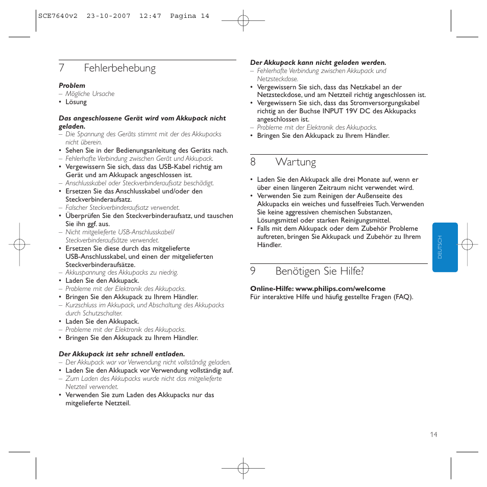 7fehlerbehebung, 8wartung, 9benötigen sie hilfe | Philips SCE7640 User Manual | Page 14 / 61