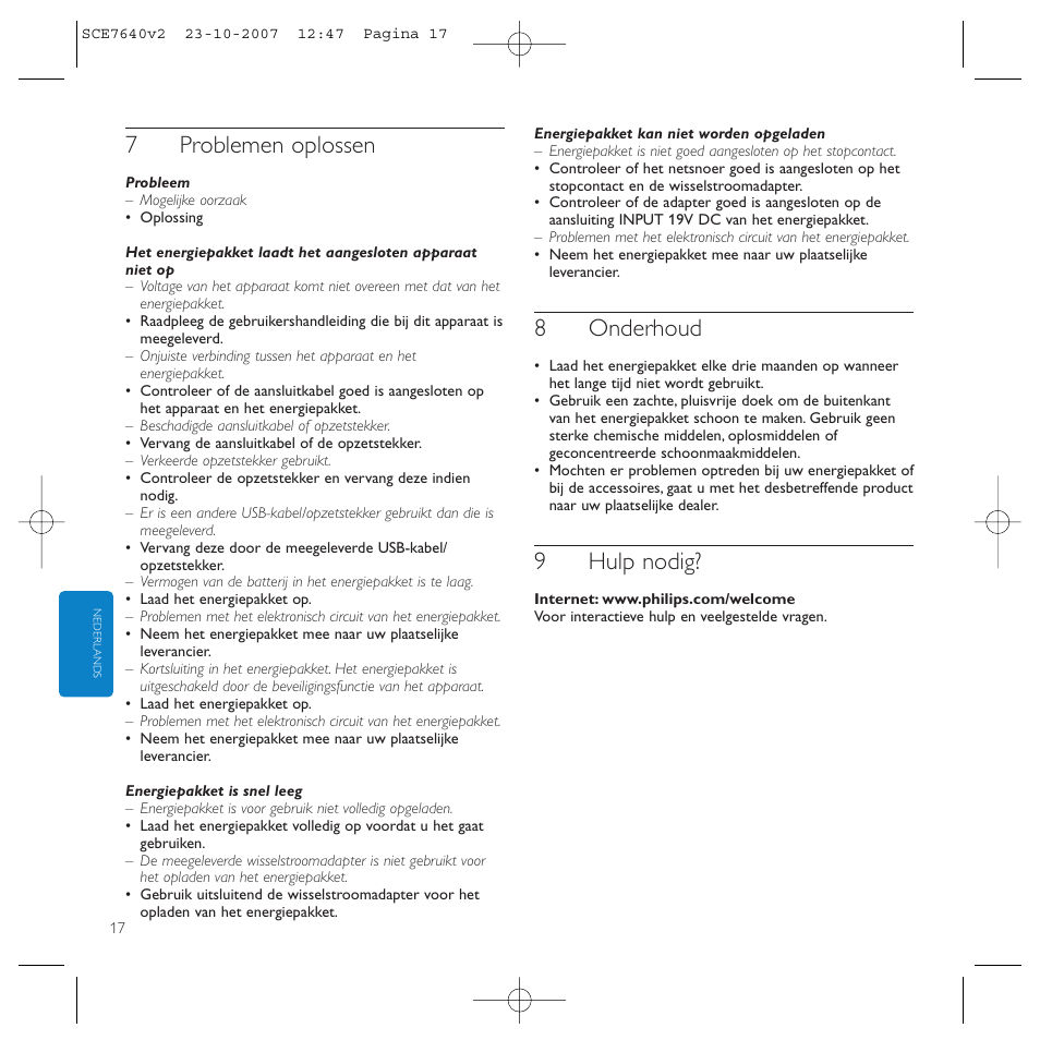 7problemen oplossen, 8onderhoud, 9hulp nodig | Philips SCE7640 User Manual | Page 17 / 61